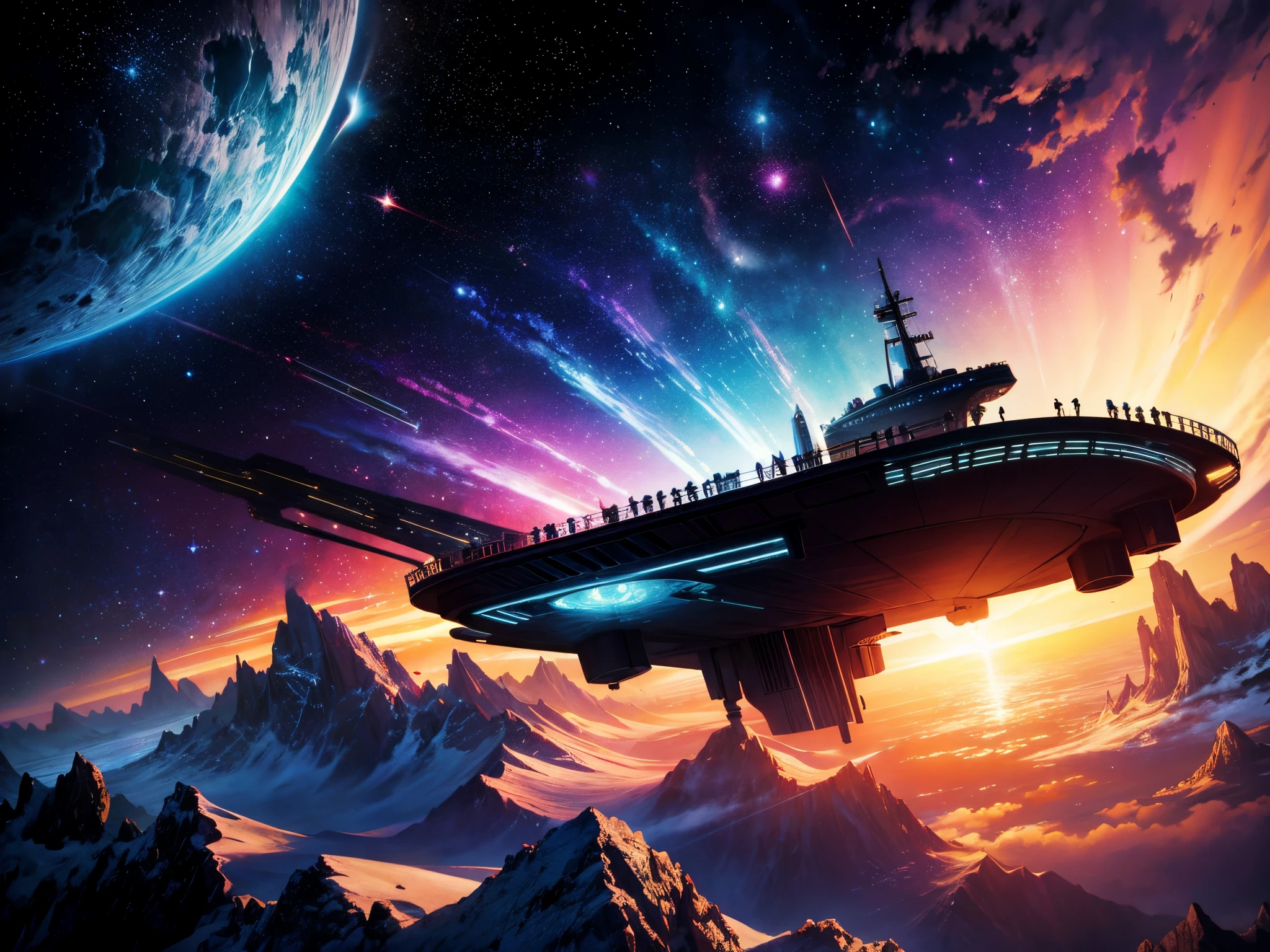 Create a dramatic and cinematic portrayal of the USS Enterprise NCC-1701-D navigating through a vibrant and colorful nebula. Reference the works of space artists like David A. Hardy or Chesley Bonestell.