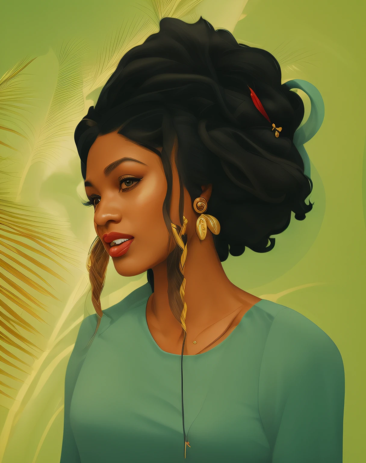 illustration of a black woman with a green shirt and a banana tree, in style of digital illustration, trending on artstration, detailed illustration portrait, raggae art, beautiful digital illustration, solo portrait 🎨🖌️, epic portrait illustration, stunning art style, high quality portrait, detailed digital illustration, beautiful artwork, exquisite digital illustration, digital illustration, stunning digital illustration