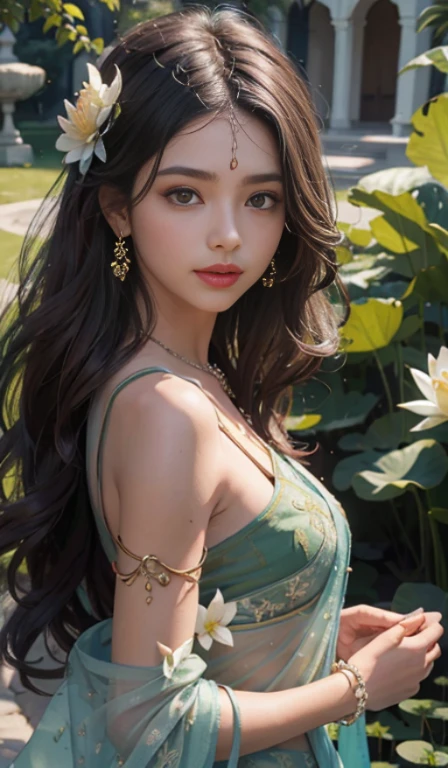 a girl,vestindo um elegante 100% saree transparente,cabelos longos cacheados,Olhos negros profundos,glossy red lips,Brown skin,lotus flower in hair,bindi na testa,palmas decoradas com hena,em um jardim florido,flores coloridas brilhantes,Grama Verde,blue skies,sol caindo sobre ela,Peaceful and serene expression,sorriso sutil em seu rosto,fingers delicately touching the flower petals,body language full of grace and elegance, scenic beauty,pintura como meio,detailed and vivid,image high resolution,Photorealistic rendering,cores vibrantes,Soft lighting and Warm, seus peitos expostos, , vagina and clitoris can be seen