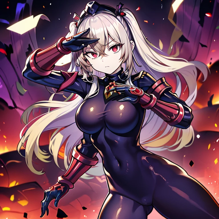 Masterpiece, Best Quality, Highly detailed, illustration, absurdres, street fighter, doll suit, shadaloo doll, nazi saluting, military, military saluting, salute, 1 girl, solo, expressionless, emotionless eyes, looking at viewer, red gloves, emotionless, black latex, corrution, zofa suit, zofa soldier, mind control, female combatant, full body, hypnotized, standing, standing at attention, unhappy trance, full body suit, Blazing Cartesia, the Virtuous, yu-gi-oh, red eyes, white-hair, white skin