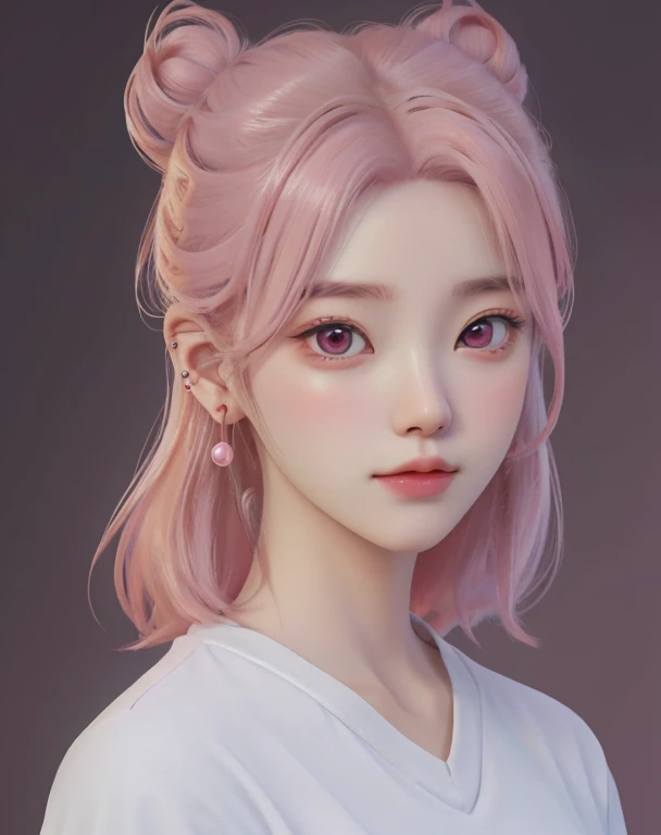 best quality,  cartoon_portrait, 1girl, solo, looking at viewer,  background, shirt, pink hair, red eyes,  closed mouth, white shirt, upper body, earrings, hair bun,  lips,