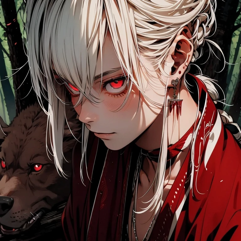 Warrior, bark skinned, early twenties, male, solo, white hair, man bun hairstyle, height quality, good posture, relaxed, clear eyes, loose dark robes, red eyes , amidst the forest, smiling , cheerful, profile view.