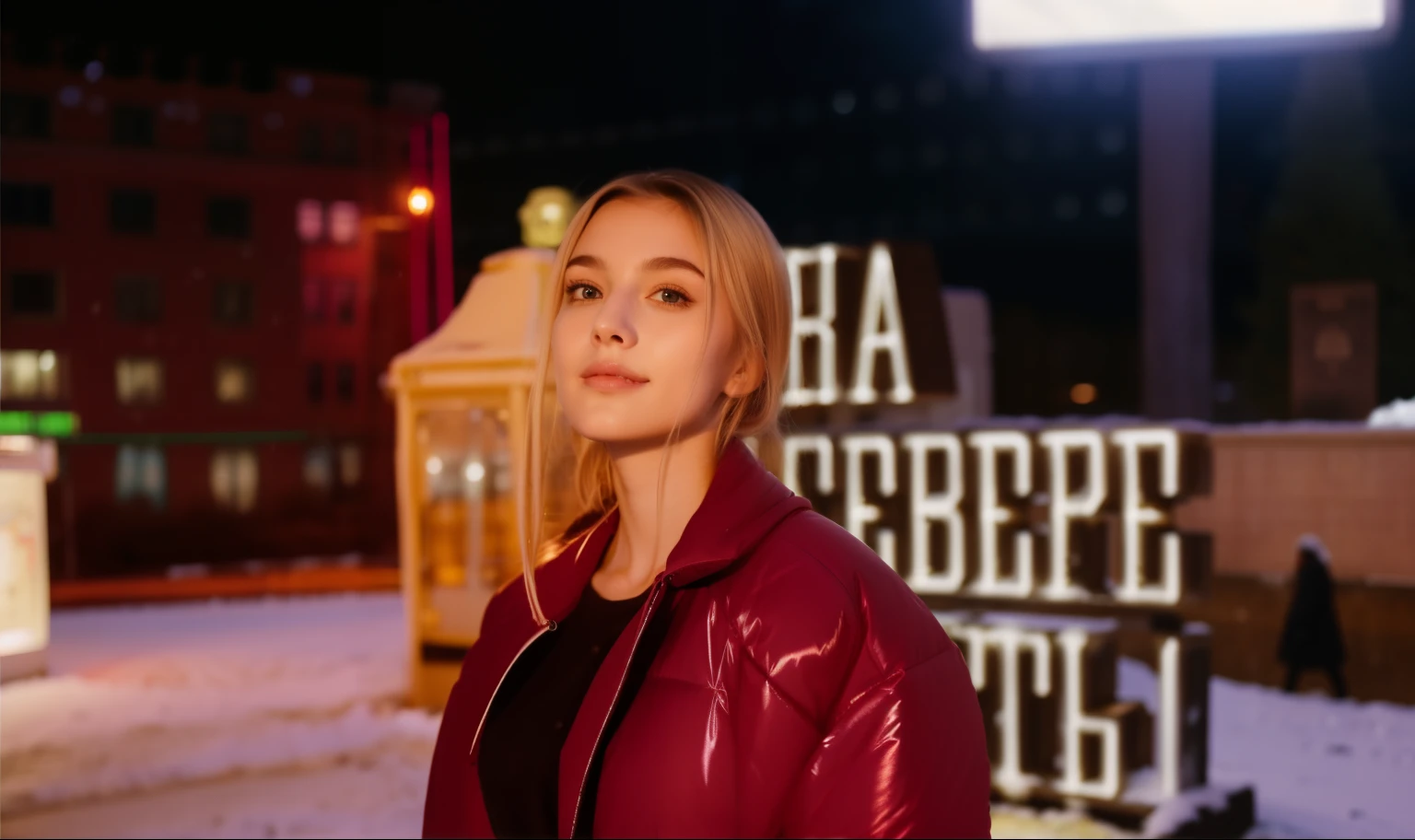 Girl outdoors in winter, girl in the evening, in a winter jacket, evening, winter,