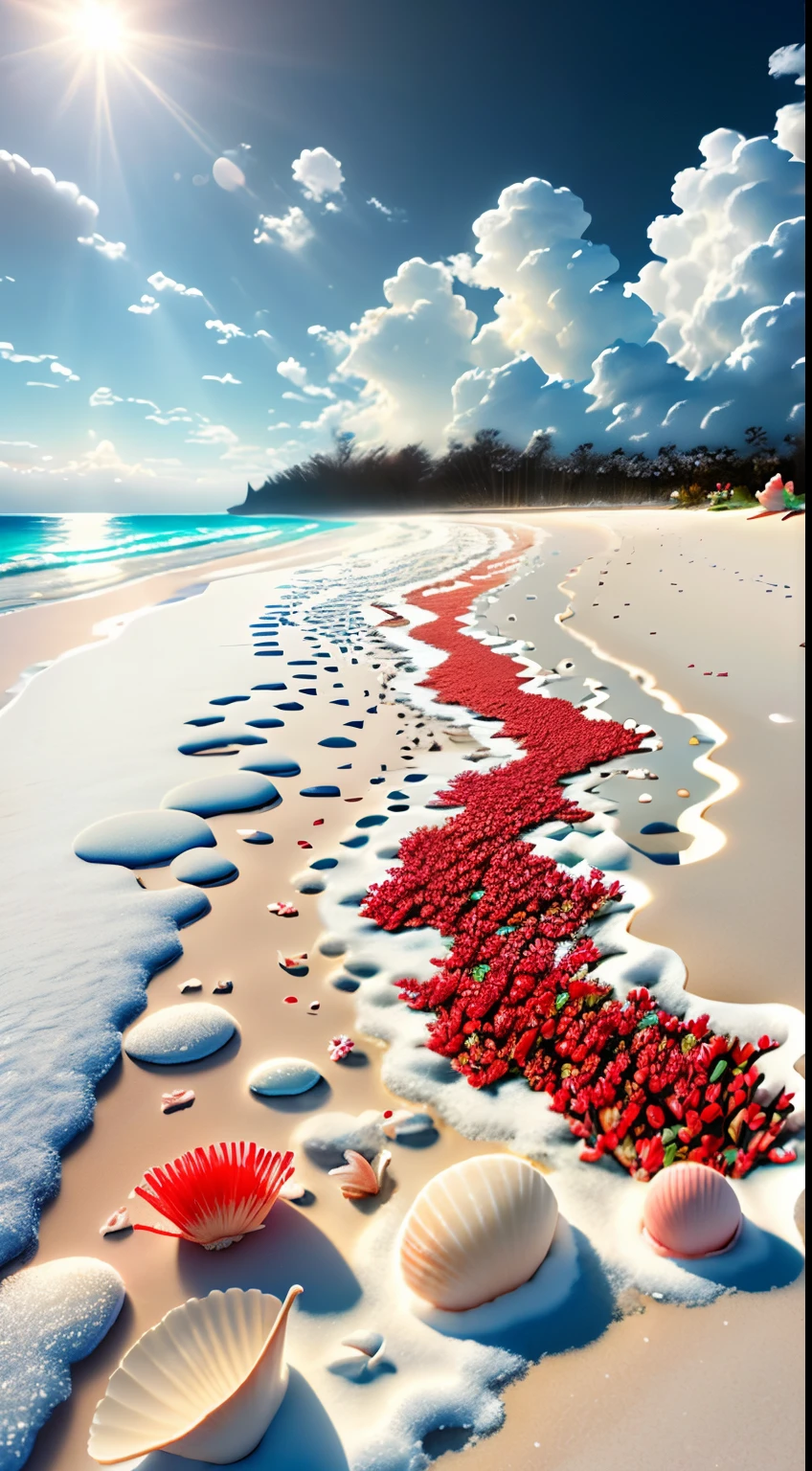 delicate scene,depth of field, 8K, The ivory sky,white clouds,and sunlight shine on the snow-white beach. The coral sea,and many colorful tinny shells on the beach,red roses, roses focus,
