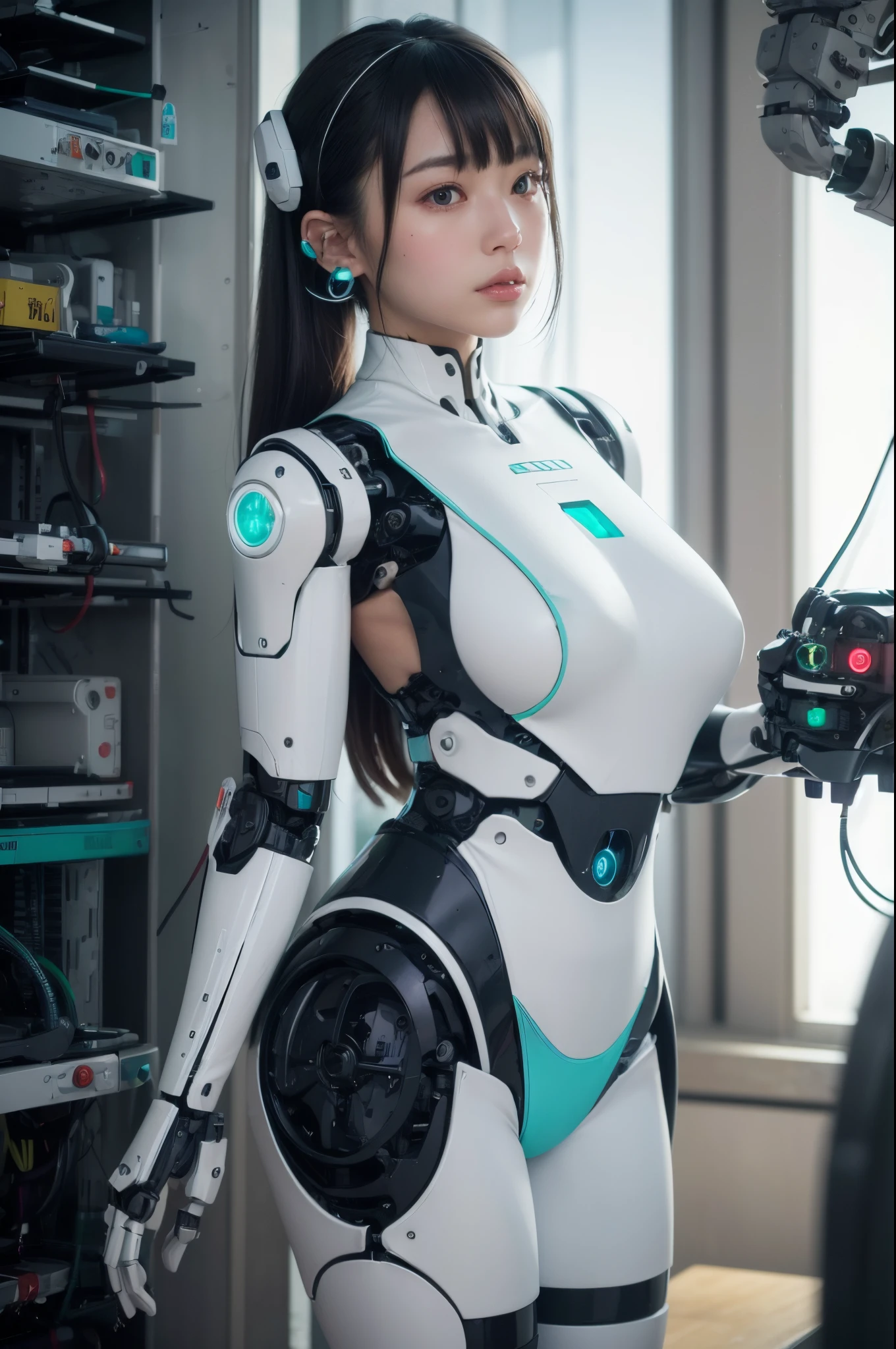 (photorealistic:1.4), (RAW photo)masutepiece, Best Quality, Extremely detailed, (Photorealistic:1.4), (8K, 4K, Best Quality, hight resolution, 超A high resolution:1.1), 8K portrait,1girl in, Japaese android gid,Plump , announcer,control panels,android,Droid,Mechanical Hand, ,Robot arms and legs, Black hair,Mechanical body,Blunt bangs,White Robotics Parts,perfect robot woman,Charging spot,Long Tube,A thick cable was connected to her neck,ceramic body ,Mechanical body, mechanical ear covers,android,robot humanoid,a bit chubby,panty,full eyes,perfect mechanical body,white robotics body,future laboratory,android factory,mechanical ear cover,white and aqua uniform,costume with aqua accents,