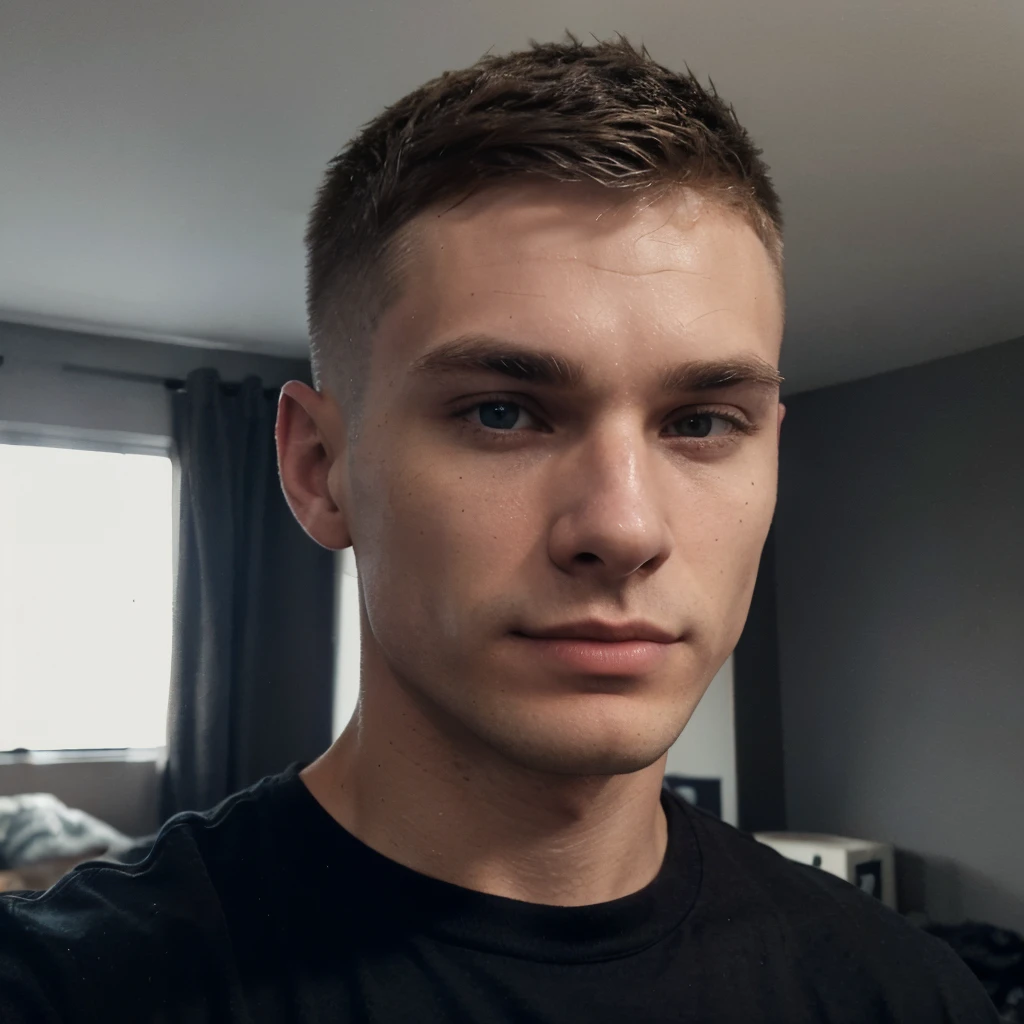 23 year old normal male, cillian murphy (dark blonde short buzz military haircut, fade haircut, small nose, chad jawline, big dark eyes, athletic, well built, fit, average looking, some pimples on face) upper body selfie from hand in living room, wearing plain basic black t-shirt, seductive smile