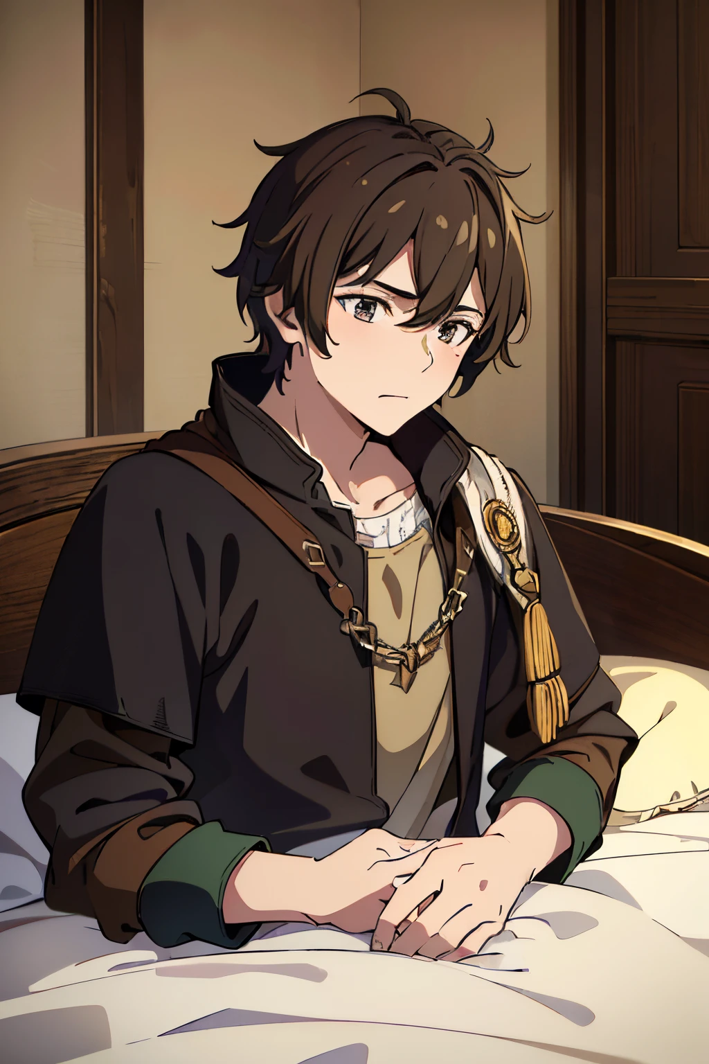 (best quality, 4k, 8k, high resolution, masterpiece: 1.2), ultra-detailed, medieval era, boy, , short messy brown hair, dark eyes, surprised, noble sleepwear, sitting on a bed noble, vivid colors, portrait, soft lighting, mystical atmosphere