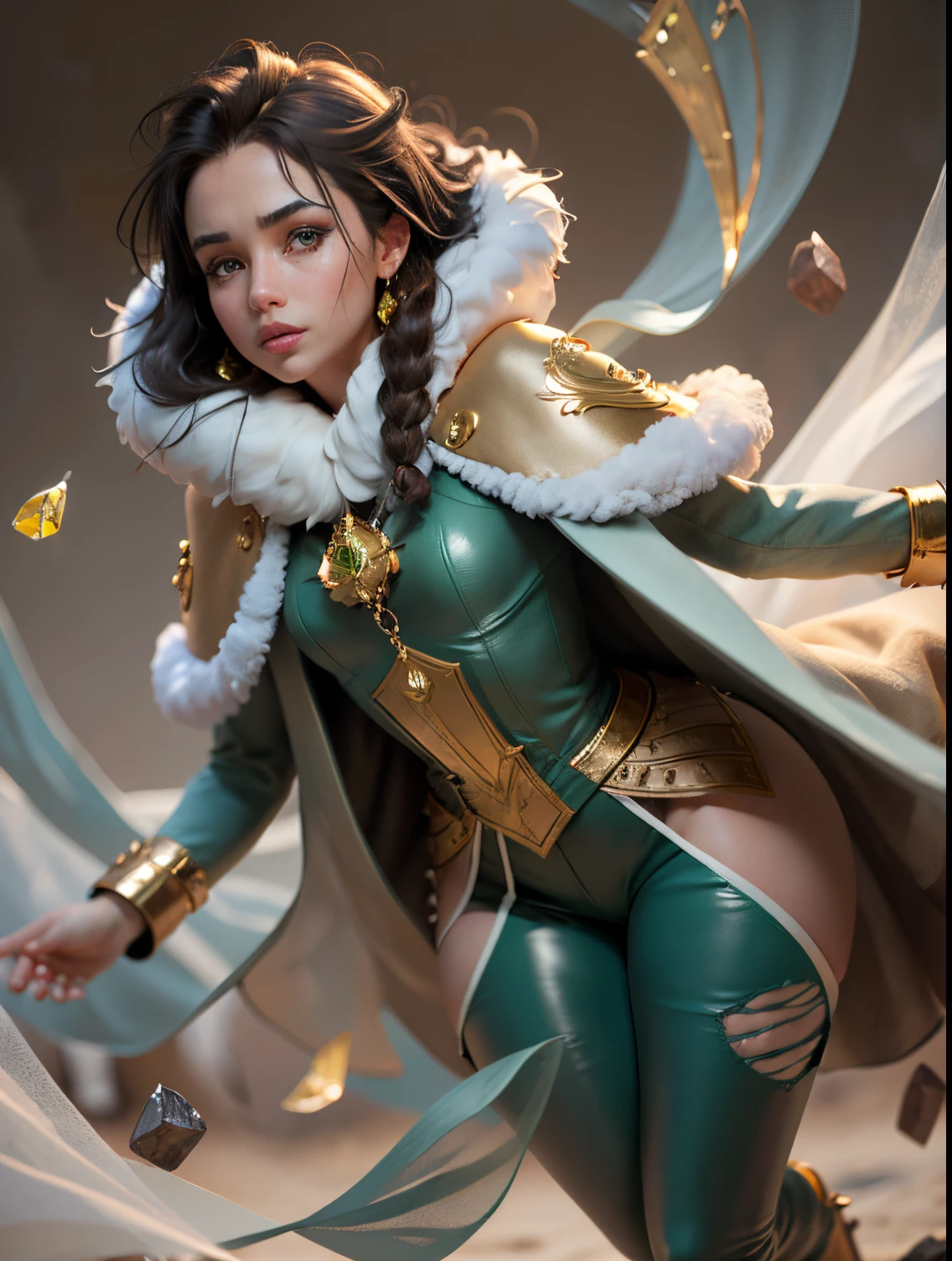 (a girl with) powerful magician,bursting energy throughout the place,calm face,strong and confident aura,brown hair,beautiful detailed eyes,beautiful detailed lips,green crystal earrings,wearing an animal skin coat and pompous cape, wearing long pants and eskimo boots,highres,ultra-detailed,realistic,physically-based rendering,vivid colors,sharp focus,studio lighting,concept artists,landscape,color palette with vibrant greens and blues,soft natural light --auto --s2