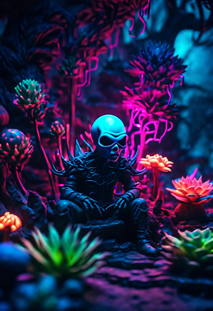 Nightmare succulent neon glow garden set in a dark fantasy world, Character straight from a dark fantasy game, suspiciously glowing, a testament to his fearsome power, geheimnisvolle Aura exquisiter Details, strahlt sowohl Schrecken als auch Ehrfurcht aus, Surroundings and eerie fog add to the overall atmosphere., in einem realistischen Stil gerendert, The illustration captures the eerie atmosphere of a dimly lit night, um uns herum verflucht und Chaos, which further increases the feeling of fear, Visuell beeindruckendes Bild, Auswahl an stilistischen Variationen und Angaben zur Putzart, realistisches dunkles Spiel mit Kugelschreiber und Gel, offizielle Kunst, extrem unglaublich detailliert, komplizierte, crazy details.