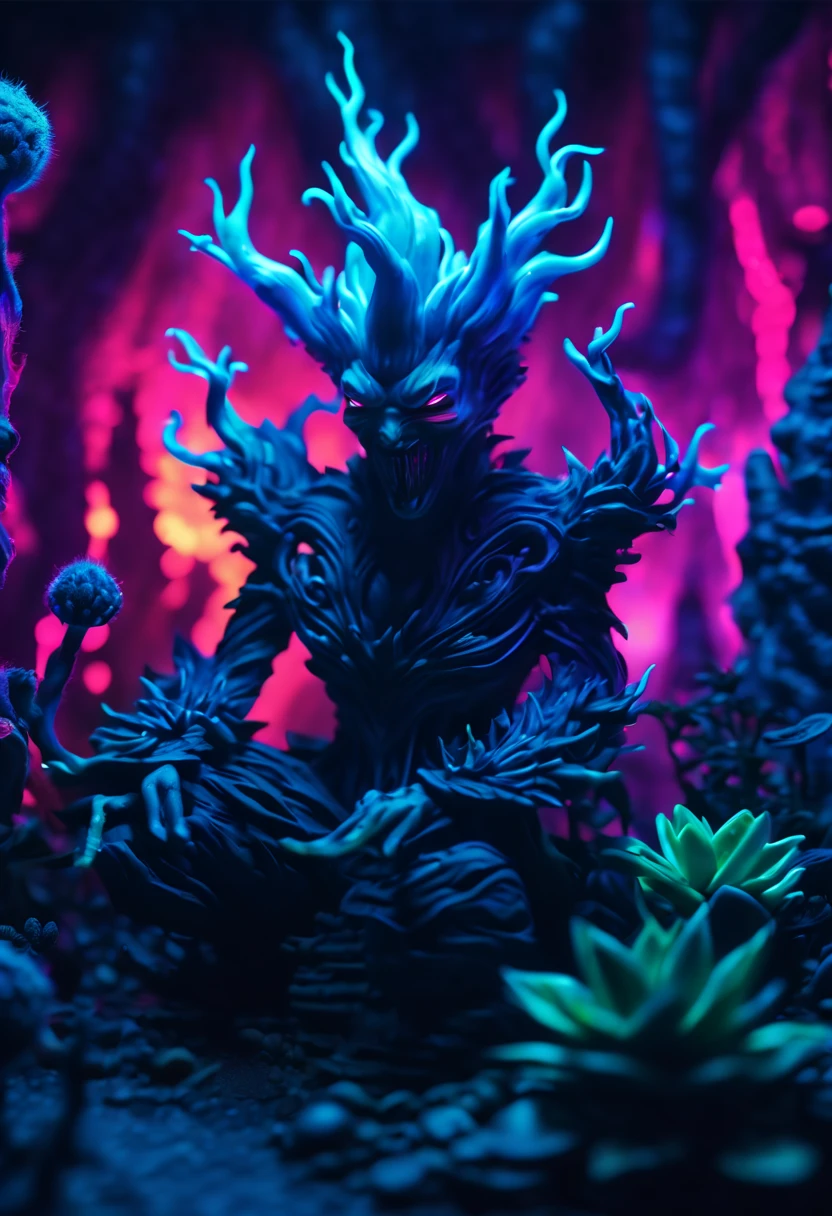Nightmare succulent neon glow garden set in a dark fantasy world, Character straight from a dark fantasy game, suspiciously glowing, a testament to his fearsome power, geheimnisvolle Aura exquisiter Details, strahlt sowohl Schrecken als auch Ehrfurcht aus, Surroundings and eerie fog add to the overall atmosphere., in einem realistischen Stil gerendert, The illustration captures the eerie atmosphere of a dimly lit night, um uns herum verflucht und Chaos, which further increases the feeling of fear, Visuell beeindruckendes Bild, Auswahl an stilistischen Variationen und Angaben zur Putzart, realistisches dunkles Spiel mit Kugelschreiber und Gel, offizielle Kunst, extrem unglaublich detailliert, komplizierte, crazy details.