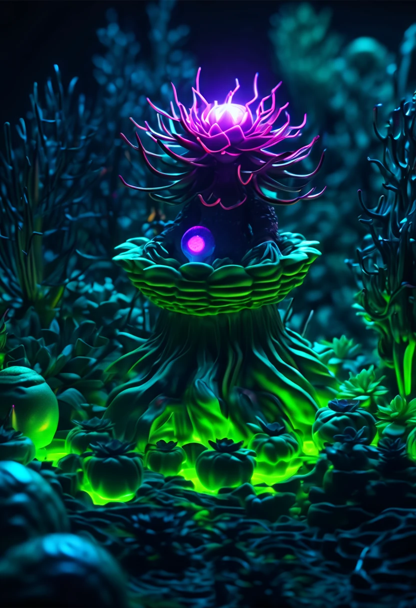 Nightmare succulent neon glow garden set in a dark fantasy world, Character straight from a dark fantasy game, suspiciously glowing, a testament to his fearsome power, geheimnisvolle Aura exquisiter Details, strahlt sowohl Schrecken als auch Ehrfurcht aus, Surroundings and eerie fog add to the overall atmosphere., in einem realistischen Stil gerendert, The illustration captures the eerie atmosphere of a dimly lit night, um uns herum verflucht und Chaos, which further increases the feeling of fear, Visuell beeindruckendes Bild, Auswahl an stilistischen Variationen und Angaben zur Putzart, realistisches dunkles Spiel mit Kugelschreiber und Gel, offizielle Kunst, extrem unglaublich detailliert, komplizierte, crazy details.