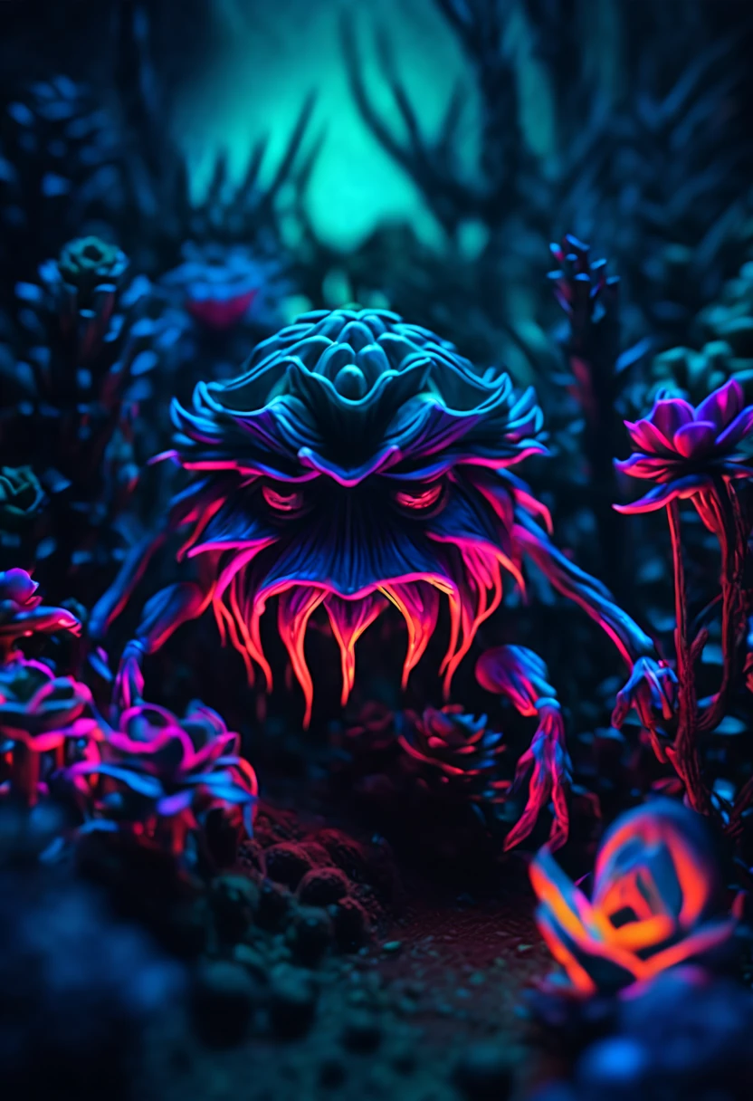 Nightmare succulent neon glow garden set in a dark fantasy world, Character straight from a dark fantasy game, suspiciously glowing, a testament to his fearsome power, geheimnisvolle Aura exquisiter Details, strahlt sowohl Schrecken als auch Ehrfurcht aus, Surroundings and eerie fog add to the overall atmosphere., in einem realistischen Stil gerendert, The illustration captures the eerie atmosphere of a dimly lit night, um uns herum verflucht und Chaos, which further increases the feeling of fear, Visuell beeindruckendes Bild, Auswahl an stilistischen Variationen und Angaben zur Putzart, realistisches dunkles Spiel mit Kugelschreiber und Gel, offizielle Kunst, extrem unglaublich detailliert, komplizierte, crazy details.