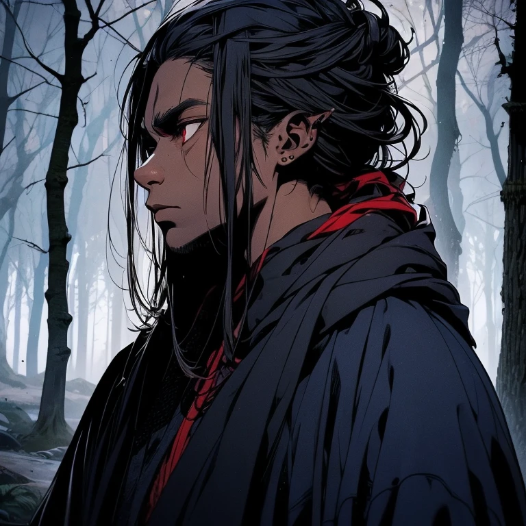 Warrior, dark skinned, early twenties, male, solo, white hair, man bun hairstyle, height quality, good posture, relaxed, clear eyes, loose dark blue worn out robes, red eyes , amidst the forest, weary, anger, dramatic ,profile view, dark color palette.