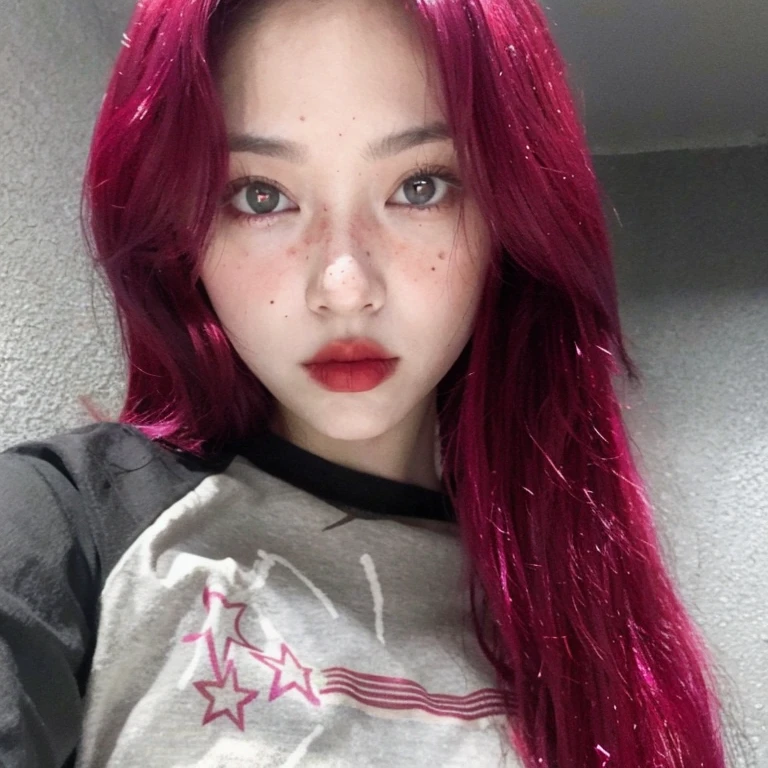 Chica arafed con cabello rojo y ojos azules con una camisa gris., ulzzang, with vivid black eyes, con brillantes ojos morados, Jossi de Blackpink, crimson red hair and red eyes, Cara magenta brillante, Retrato de Jossi de Blackpink, con cabello rosado, cruel korean goth girl, her face looks like an orchid, con cabello largo y ojos penetrantes