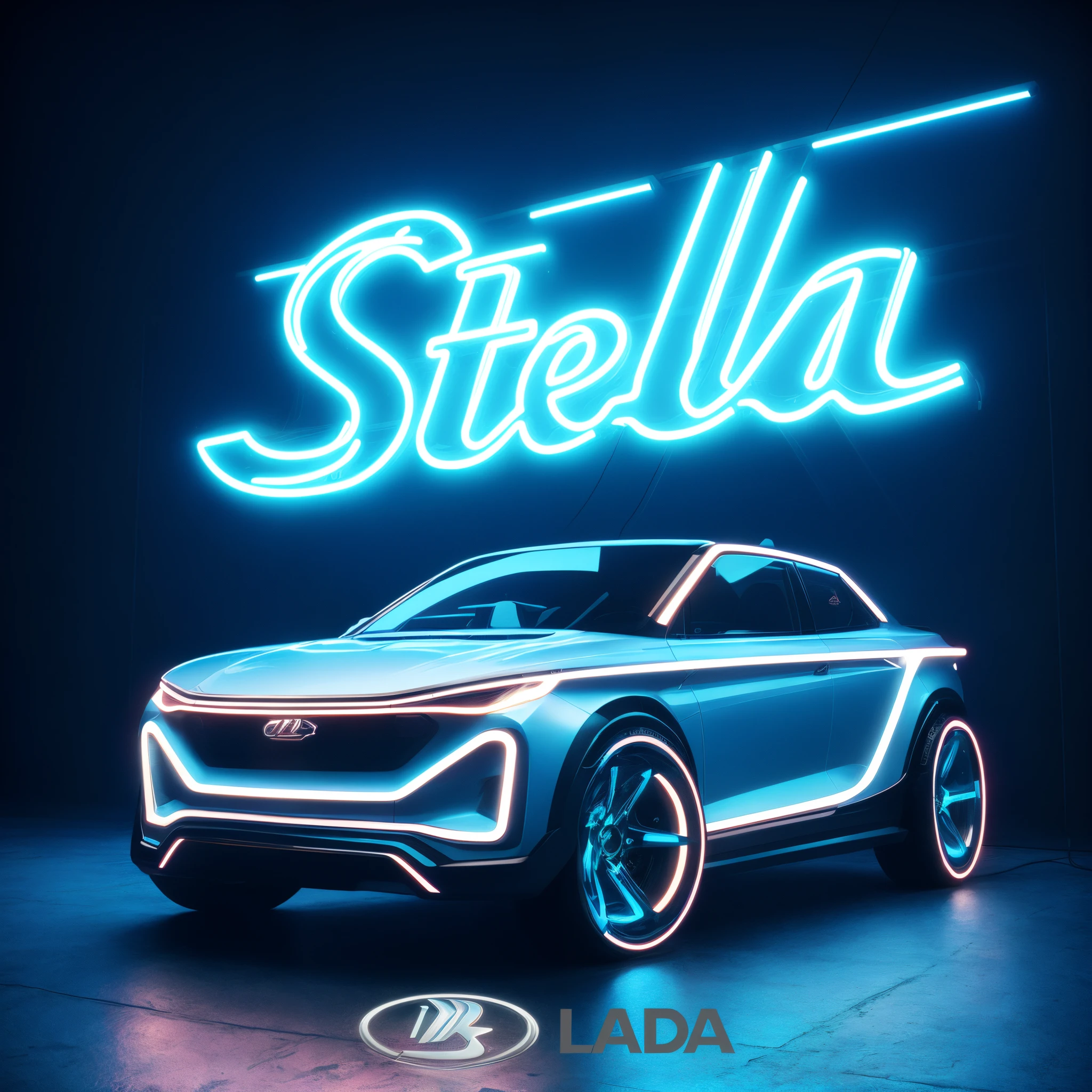 close-up of a car with a neon sign in the background, Stylized neon, Zach Stella, neon advertising, The headlights shine with neon light, Harsh blue neon atmosphere, lada, stylized digital illustration, starry, concept car, Strong neon lights, Made of neon light, promotional render, Futuristic car shot, стилизованный STL