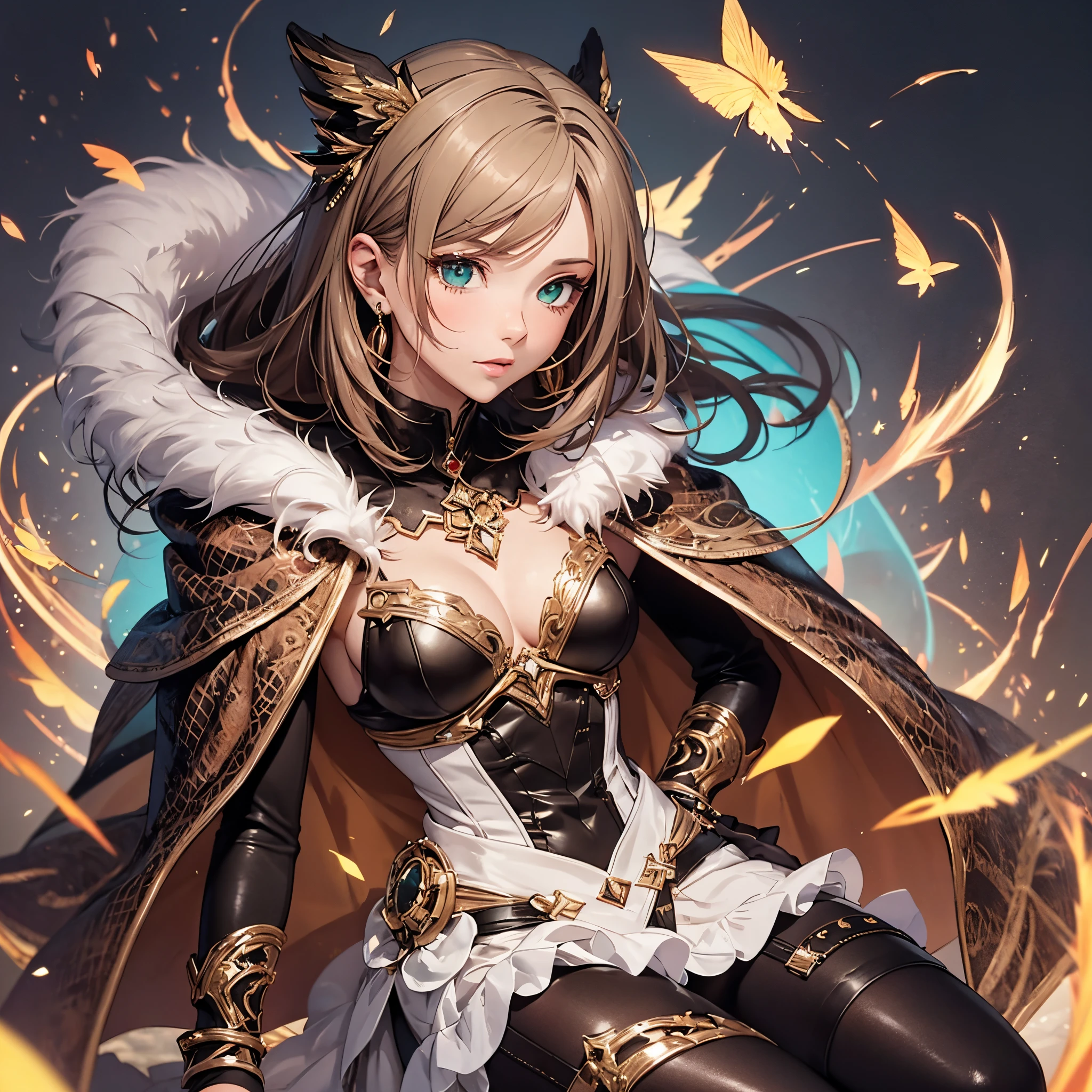 anime style, female character, brown hair, wearing an animal skin coat, pompous cape, black cape, cold colors, green crystal earrings, a powerful magician, calm countenance, long brown pants, eskimo boots, bursting energy throughout the place --auto --s2