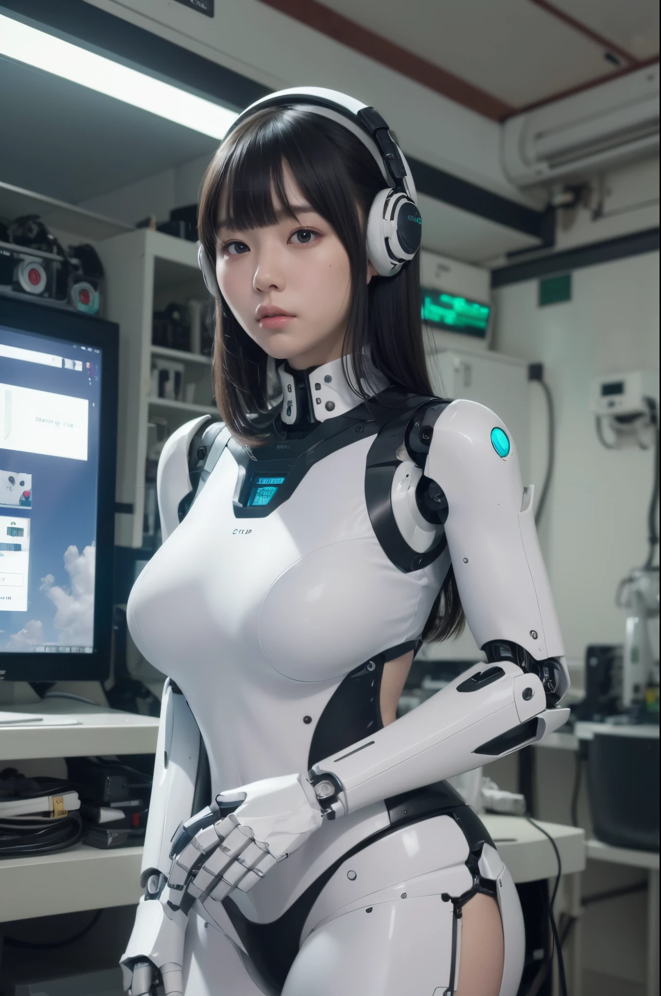 (photorealistic:1.4), (RAW photo)masutepiece, Best Quality, Extremely detailed, (Photorealistic:1.4), (8K, 4K, Best Quality, hight resolution, 超A high resolution:1.1), 8K portrait,1girl in, Japaese android gid,Plump , announcer,control panels,android,Droid,Mechanical Hand, ,Robot arms and legs, Black hair,Mechanical body,Blunt bangs,White Robotics Parts,perfect robot woman,Charging spot,Long Tube,A thick cable was connected to her neck,ceramic body ,Mechanical body, mechanical ear covers,android,robot humanoid,a bit chubby,panty,full eyes,perfect mechanical body,white robotics body,future laboratory,android factory,mechanical ear cover,white and aqua uniform,costume with aqua accents,