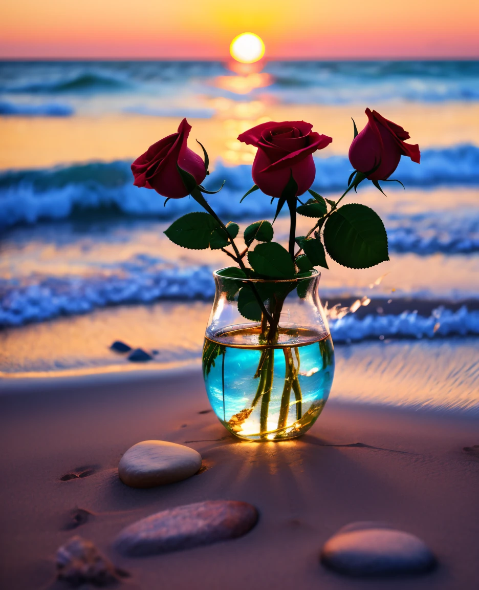 waning moon. flowers roses, stones transparent and diamond crystal in water, on the beach, fantasy, smoke , photo, HD, 8K ,