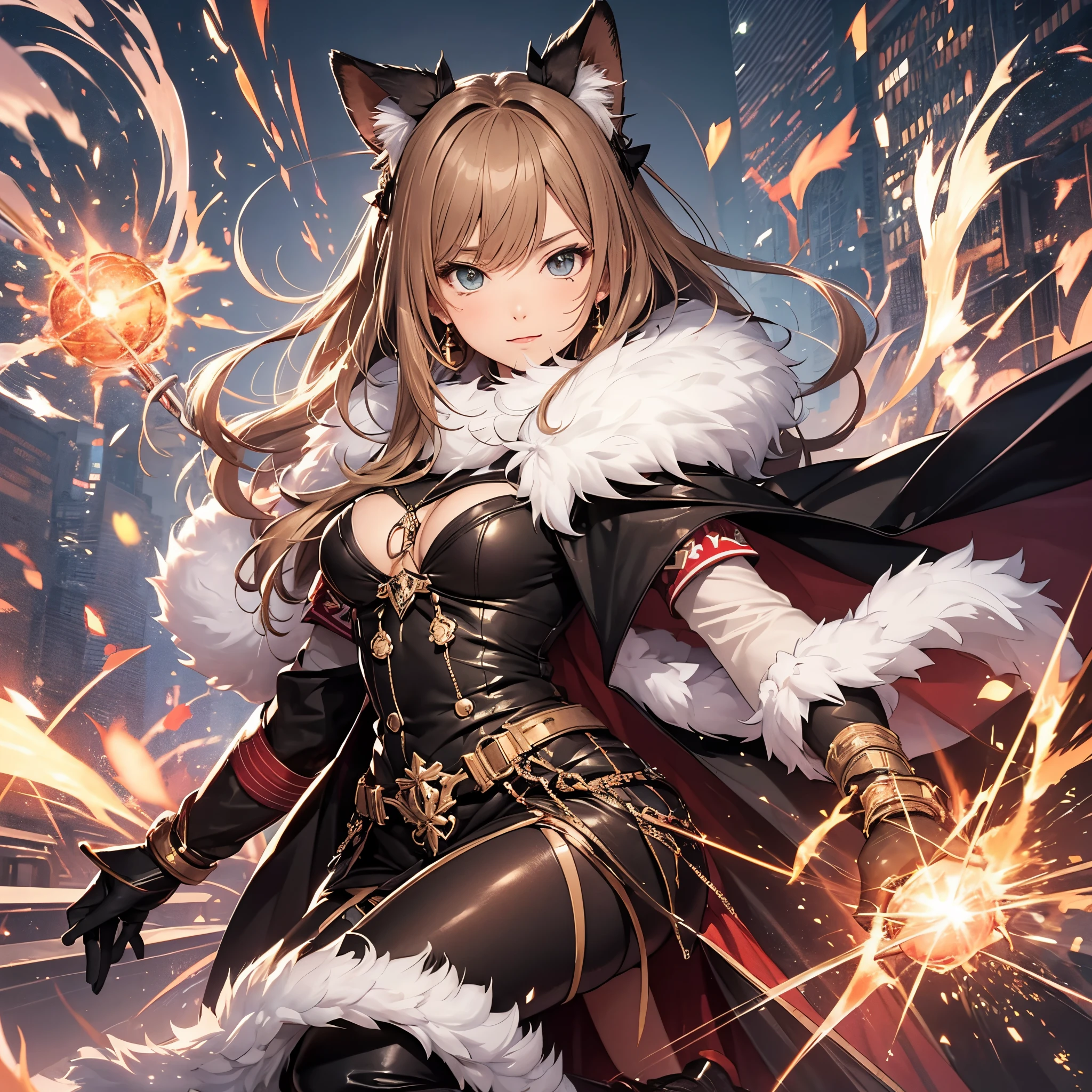 anime style, female character, brown hair, wearing an animal skin coat, pompous cape, black cape, cold colors, green crystal earrings, a powerful magician, calm countenance, long brown pants, eskimo boots, bursting energy throughout the place --auto --s2