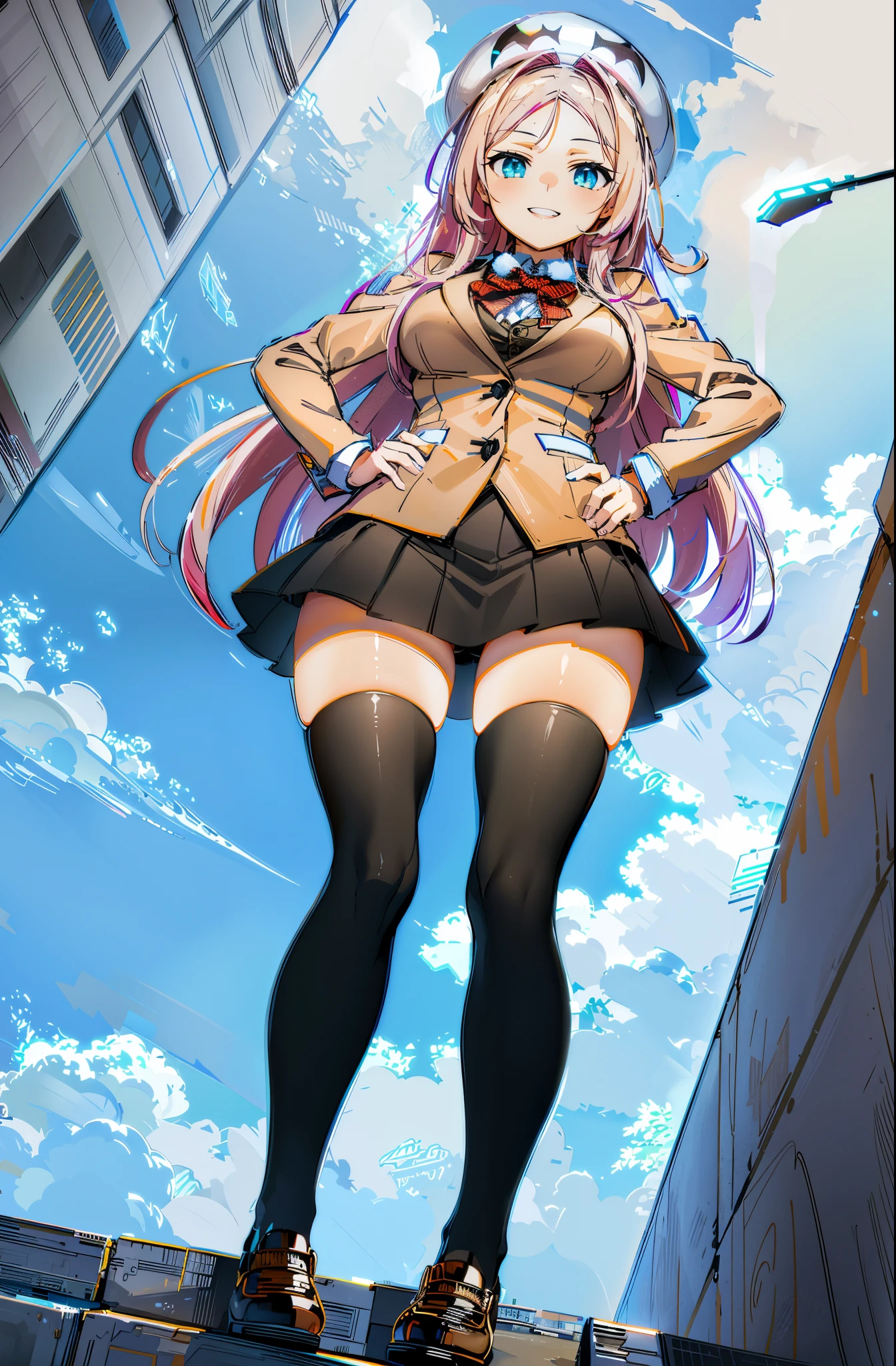 drakoi, 1girl, thighhighs, long hair, pink hair, school uniform, smile, hat, skirt, black thighhighs, large breasts, hand on hip, blazer, bow, fullbody, standing,