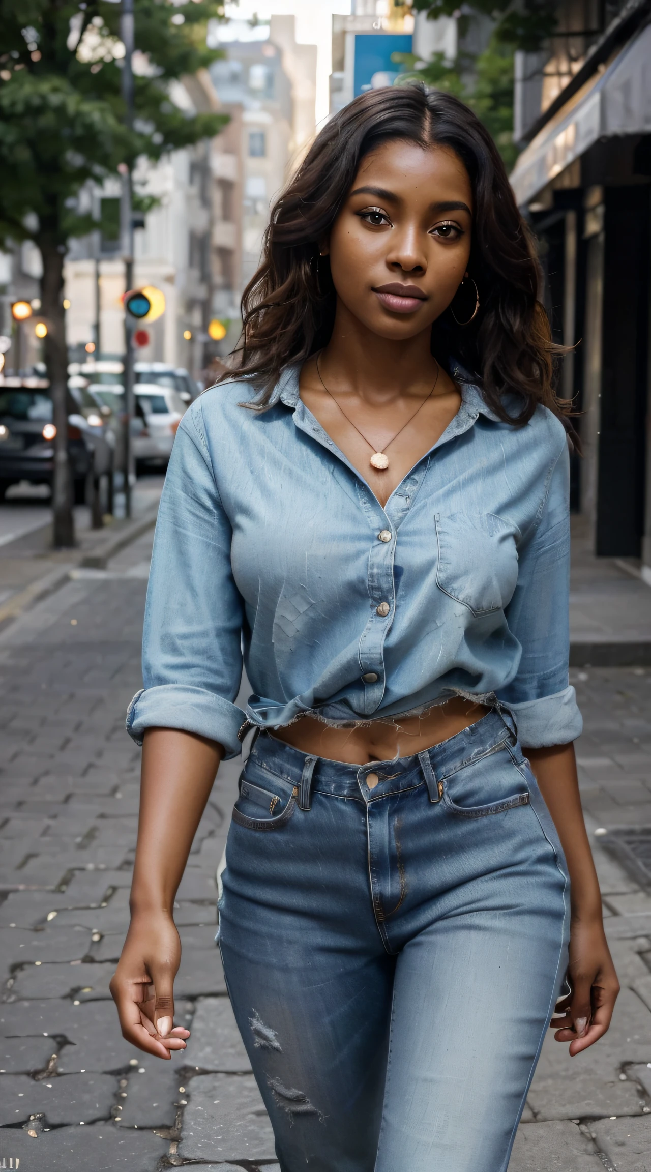 beautiful woman, adolescent, BROWN SKIN, juicy thighs, Short jeans and pair, busty , with a short muscle , long black hair ( Best Quality) (realist) (detailed) (how real it looks)