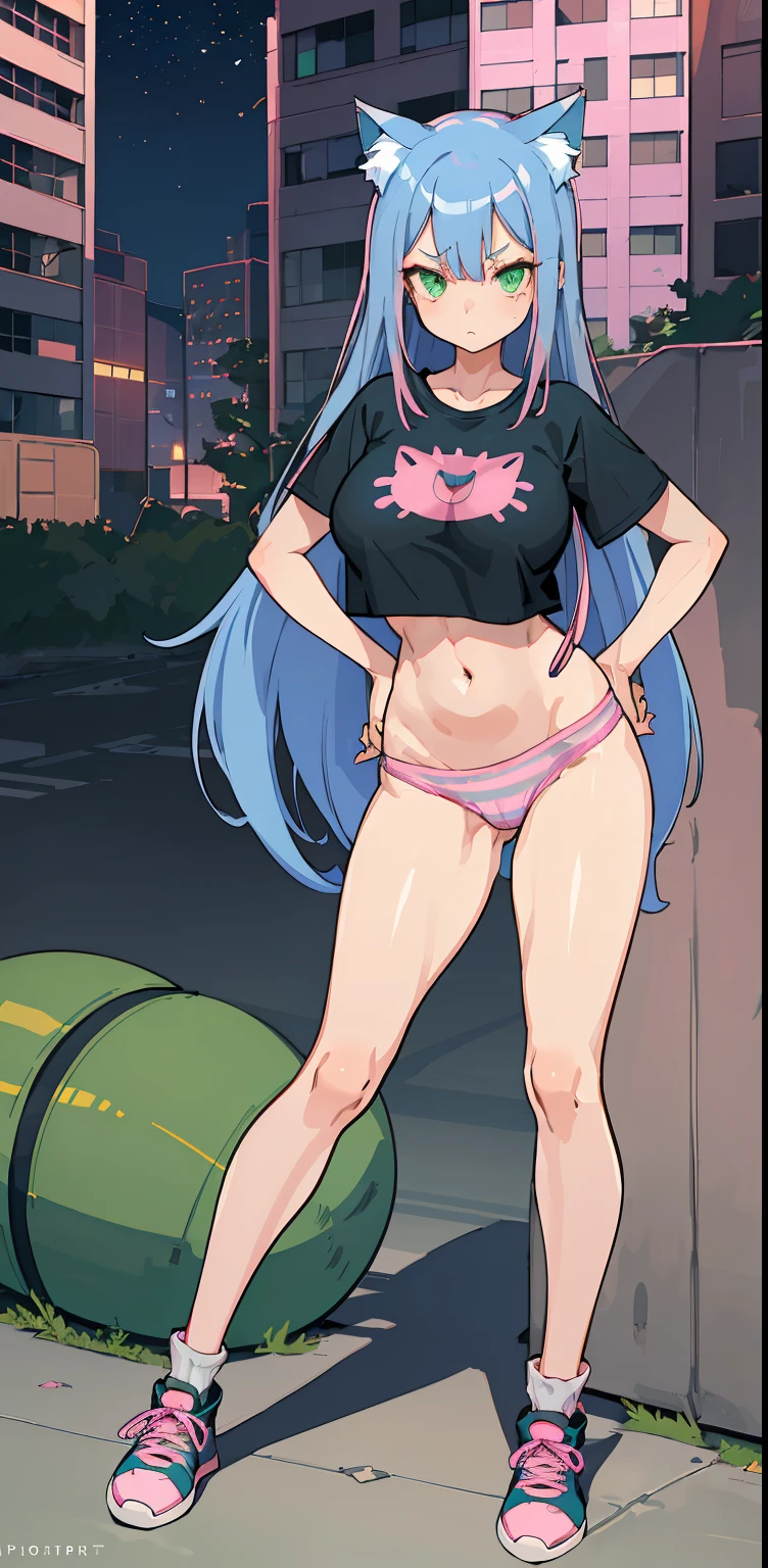 1woman, Long blue hair with pink stripes, bangs, green eyes, Bored face, cat ear, pink underwear , Gray cropped waist t-shirt , tummy, large boobs, elongated legs, spread legs , stand on your hips... , Green Socks , sneakers , Abandoned factory, nighttime