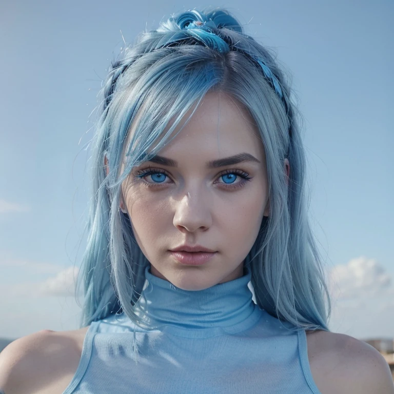 a woman with blue hair and blue eyes wearing a black turtle neck top, sky blue straight hair, straight sky blue hair, pastel blue eyes, blue and grey tones, light blue hair, beautiful blue haired girl, cool toned, bright pale blue eyes, striking azure eyes, ava max, pretty girl with blue hair, sky blue hair, light blue piercing eyes