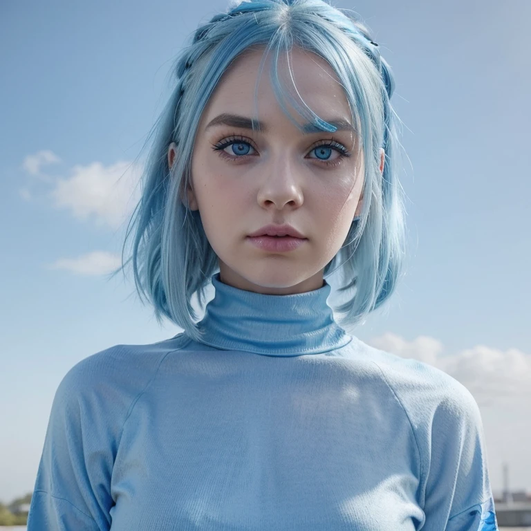 a woman with blue hair and blue eyes wearing a black turtle neck top, sky blue straight hair, straight sky blue hair, pastel blue eyes, blue and grey tones, light blue hair, beautiful blue haired girl, cool toned, bright pale blue eyes, striking azure eyes, ava max, pretty girl with blue hair, sky blue hair, light blue piercing eyes