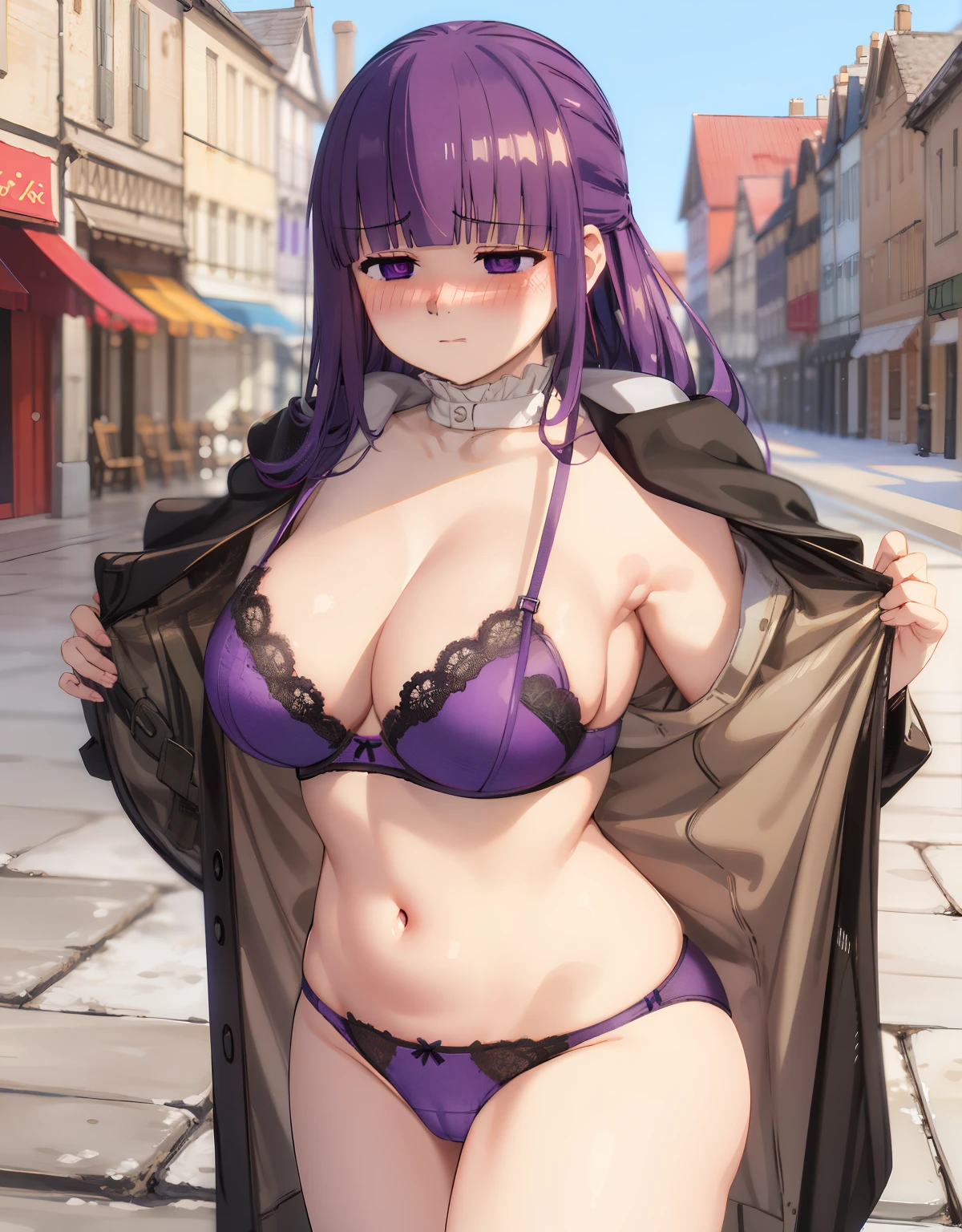 (Best Quality, Masterpiece),sexy,  erotic, 1girl, 18 years old, Contempt, pride, long purple hair, ((purple eyes)), medieval town, ((underwear)), crowd, ashamed, ((((blush)))), closed eyes, public, bra, panties, standing, town square, coat flashing, exhibitionism