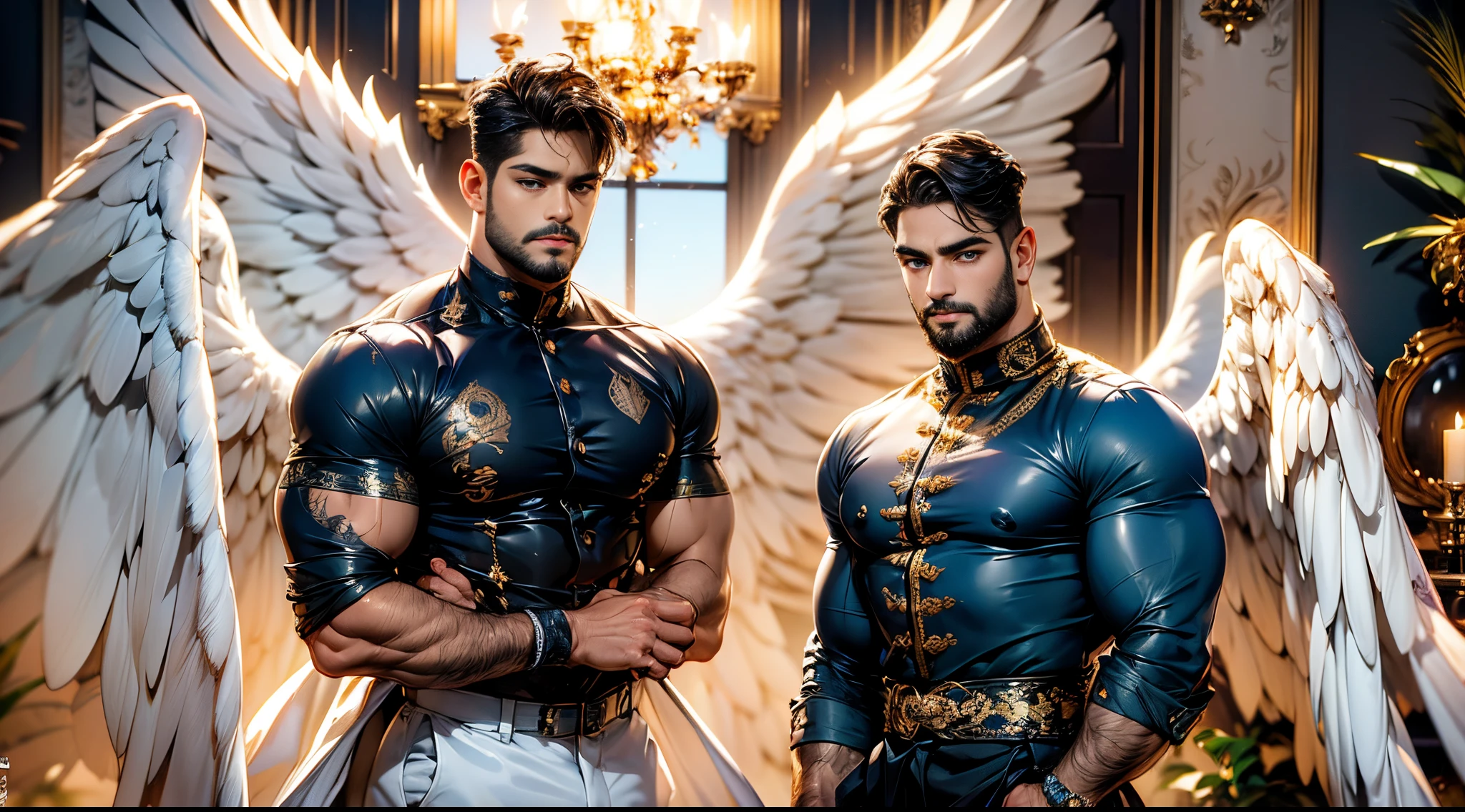 (best quality,ultra-detailed,realistic:1.37), Daegan Tronos Character(1), handsome, dark skin, dark-tanned, perfect wings angel, symmetrical wings,blue eyes, staring, small beard, medium-long haircut,casual outfit, informal clothing, powerfull man stance, attractive, vibrant colors, modern outfit.