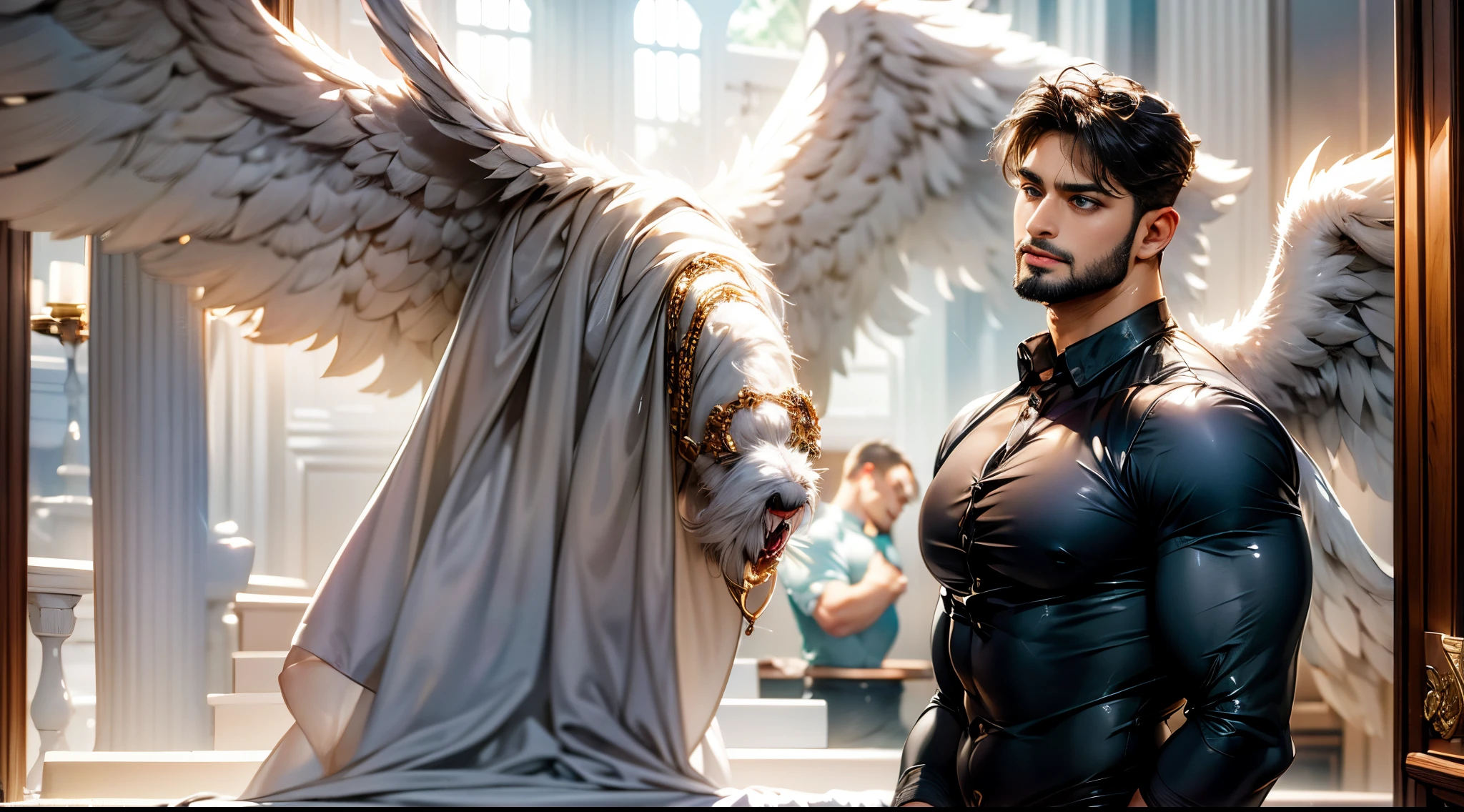 (best quality,ultra-detailed,realistic:1.37), Daegan Tronos Character(1), handsome, dark skin, dark-tanned, perfect wings angel, symmetrical wings,blue eyes,small beard, medium-long haircut,casual outfit, informal clothing, man stance, attractive,vibrant colors, modern outfit.