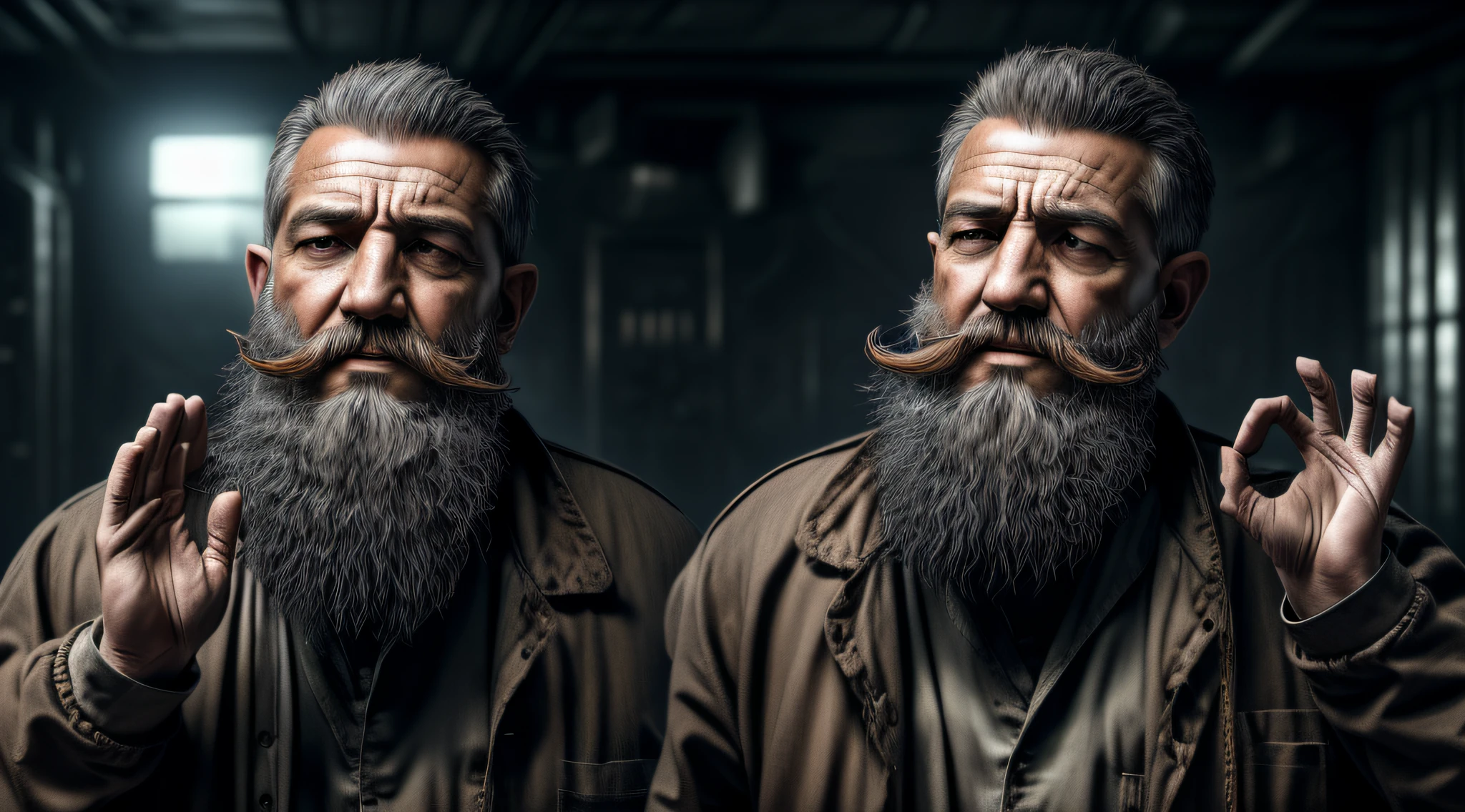 "(ultra-detailed CG unity 8k wallpaper, masterpiece, best quality, depth of field, HDR, intricate), from Greg Rutkowski, (1 Men beard Prisoner:1.2), captured in a (grim and desolate) jail cell mugshot, with (dim and flickering) lighting, (prison uniform), ( detailed clear face), (detailed clear hand), (background smoke:1.4),"