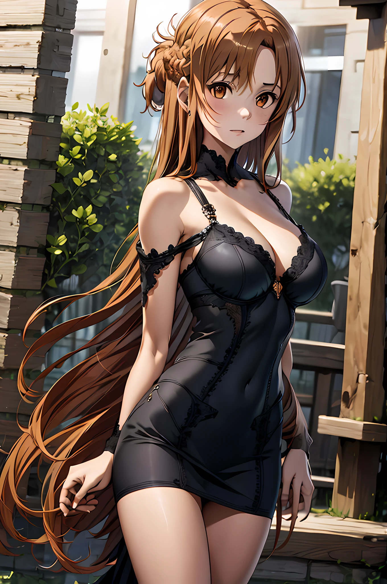 anime, highly detailed face, highly detailed eyes, highly detailed background, perfect lighting, full body, 1girl, solo, Asuna Yuuki, asuna, formal, indoors, black detailed dress, black heels, cleavage, tiara, jewelry, hair bun, frilled skirt, see-through, black lingerie long light brown hair, absurdres, high res, ultrasharp, 8K, masterpiece, looking at viewer, holding black sword