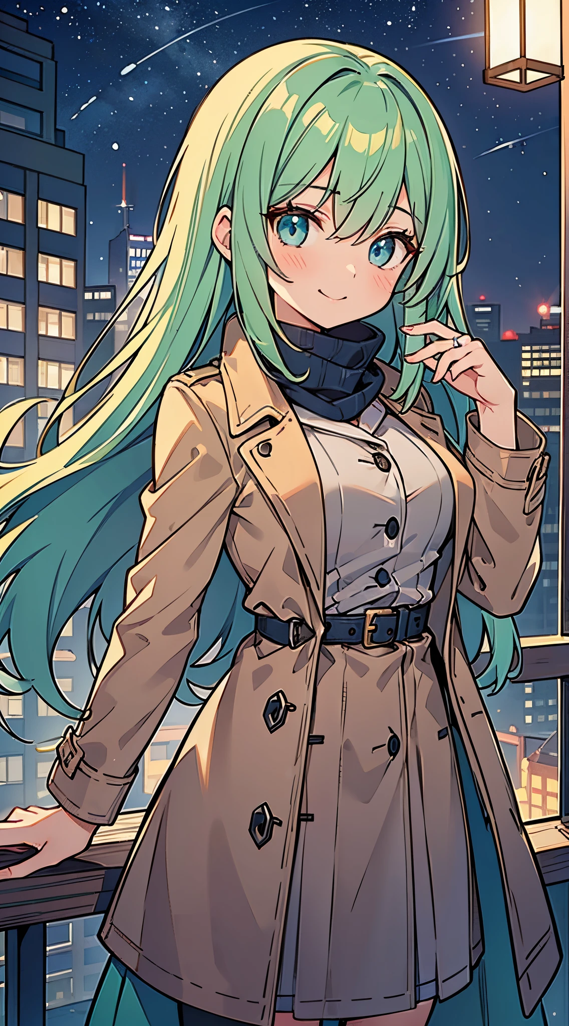 ((A Pretty girl with green hair and blue eyes))、((wearing brown trench coat and muffler))、Loli face、((master piece、top-quality、ultra-definition、high resolution))、anime girl、((ultra-detailed illust:1.2))、only one person、bangs、hair between eye、beautiful hair、Beautiful eyes、Medium breasts、Big smile、((night cityscape))、((brilliance of illumination))、snowy、white breath