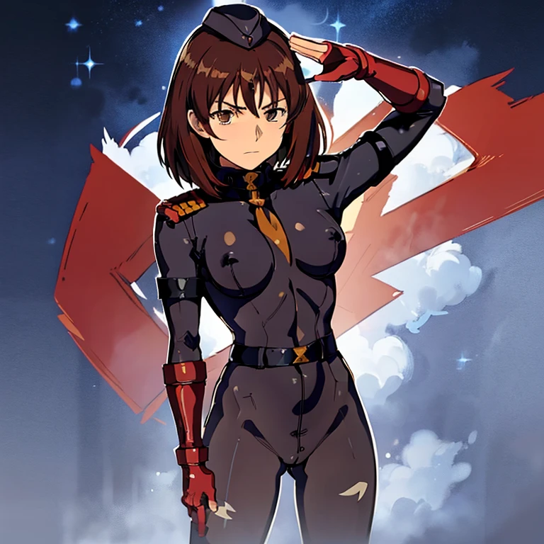 Masterpiece, Best Quality, Highly detailed, illustration, absurdres, street fighter, doll suit, shadaloo doll, nazi saluting, military, military saluting, salute, 1 girl, solo, expressionless, emotionless eyes, looking at viewer, red gloves, emotionless, black latex, corrution, zofa suit, zofa soldier, mind control, female combatant, full body, hypnotized, standing, standing at attention, unhappy trance, full body suit, Noel Anderson , Gundam: Lost War Chronicles, brown eyes, brown-hair