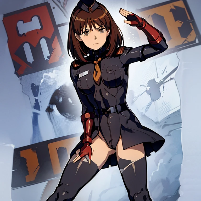 Masterpiece, Best Quality, Highly detailed, illustration, absurdres, street fighter, doll suit, shadaloo doll, nazi saluting, military, military saluting, salute, 1 girl, solo, expressionless, emotionless eyes, looking at viewer, red gloves, emotionless, black latex, corrution, zofa suit, zofa soldier, mind control, female combatant, full body, hypnotized, standing, standing at attention, unhappy trance, full body suit, Noel Anderson , Gundam: Lost War Chronicles, brown eyes, brown-hair