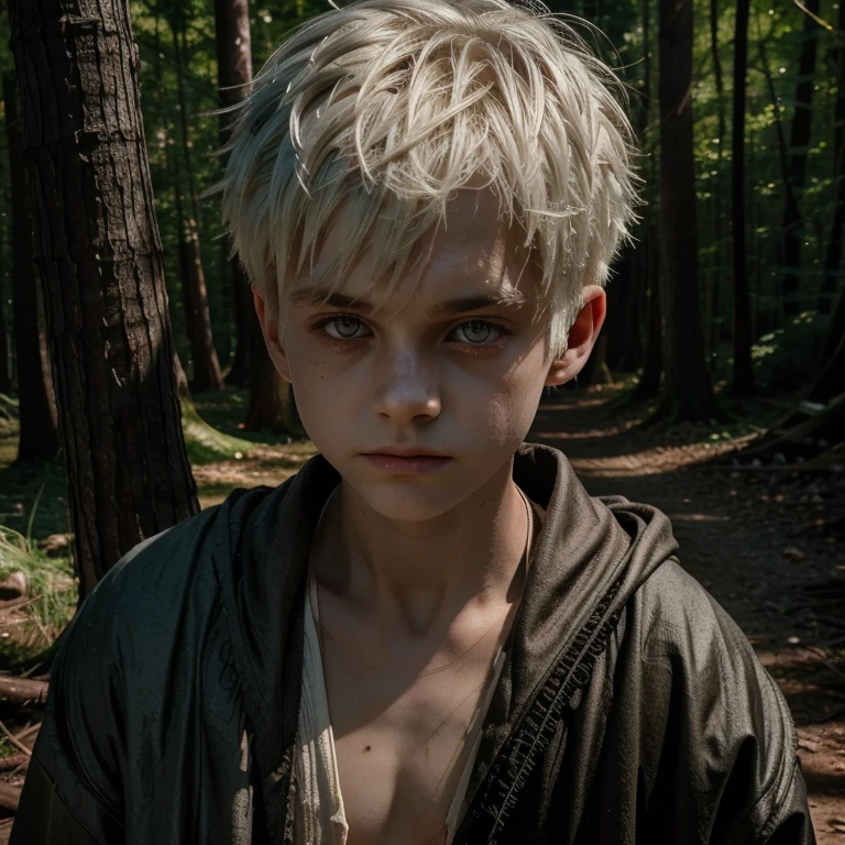 Male, boy, , red eyes, white hair, short messy hairstyle, good posture, perfect anatomy, character sketch, dramatic, wide angle, forest background, dirty and worn out robes, wounded, high quality,proper shadows and highlights, protagonist, male solo, hero.