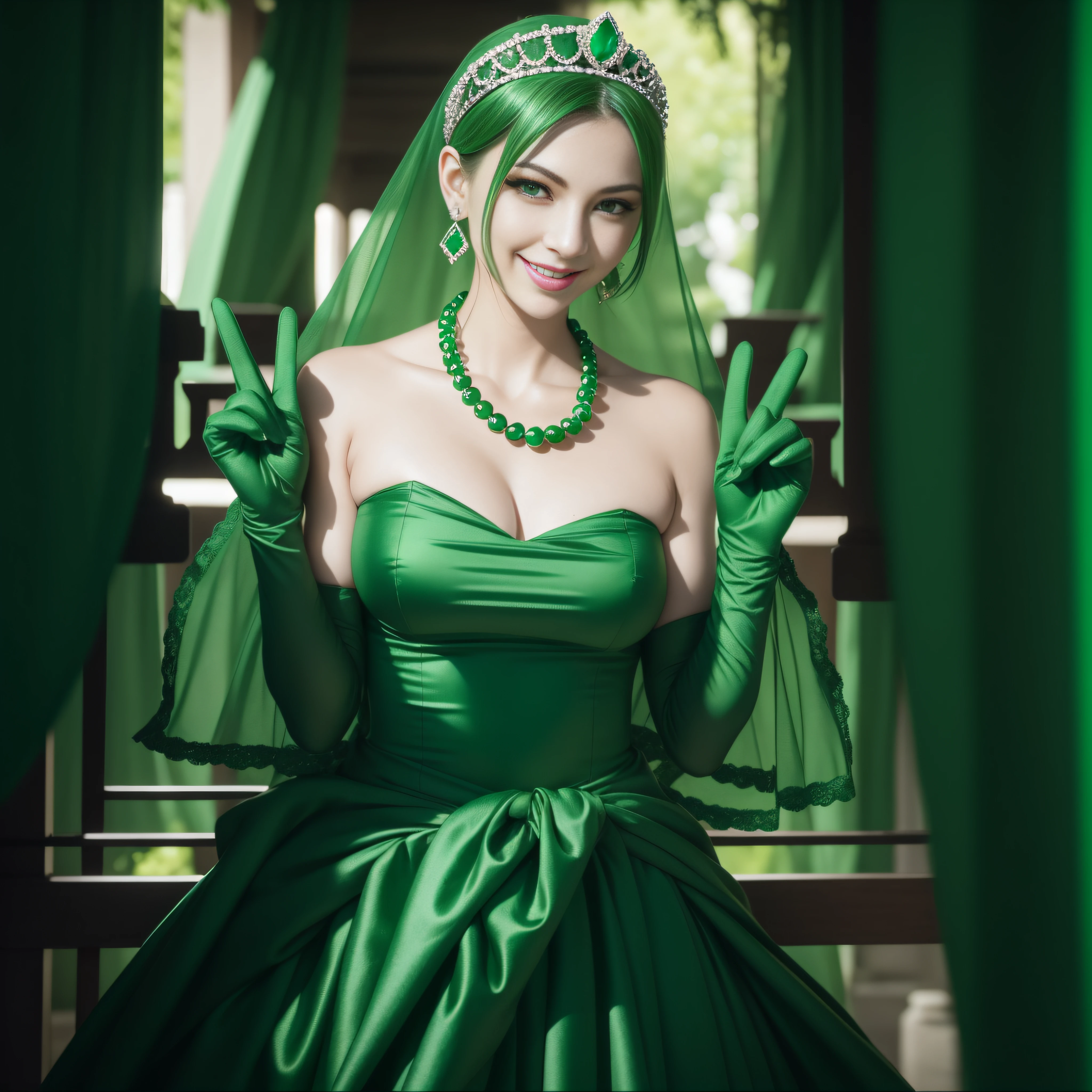 emerald tiara, Green Pearl Necklace, Boyish very short green hair, lipsticks, Japan woman smiling, very short short hair, big breasts beautiful, Green eyes, Long green gloves made of satin material, Green eyes, Emerald Earrings, green vale, v sign