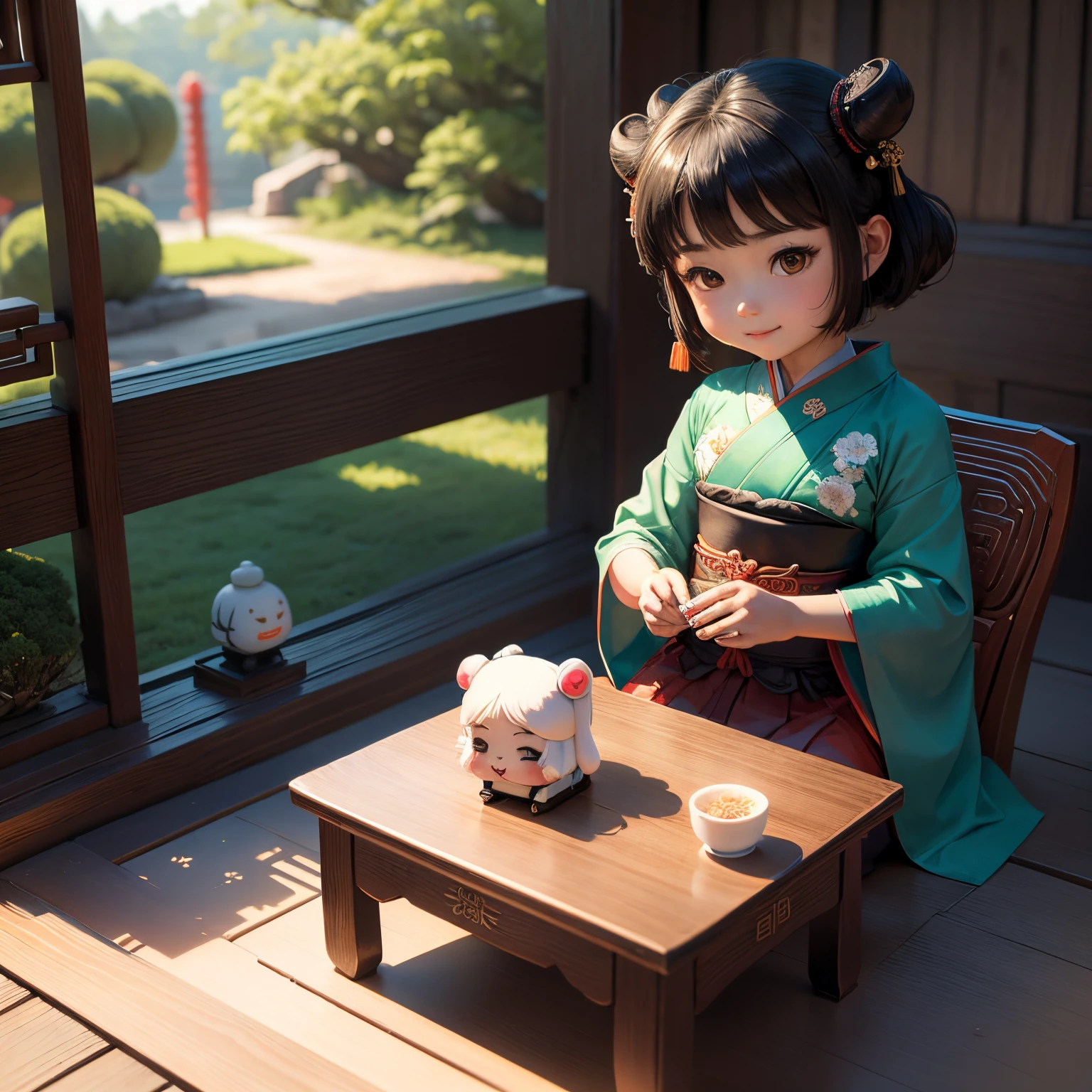 ​masterpiece、top-quality、ultra-detailliert、（Chibi Chara's Daughter：1.2）、(shodo、Chinese charactersa:1.3)、write in kanji 、A smile、