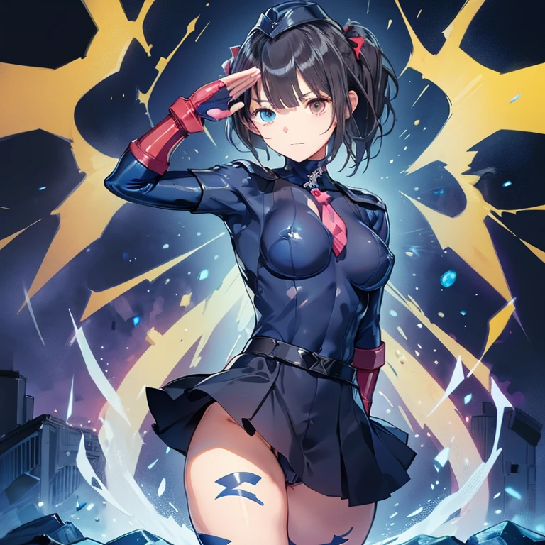 Masterpiece, Best Quality, Highly detailed, illustration, absurdres, street fighter, doll suit, shadaloo doll, nazi saluting, military, military saluting, salute, 1 girl, solo, expressionless, emotionless eyes, looking at viewer, red gloves, emotionless, black latex, corrution, zofa suit, zofa soldier, mind control, female combatant, full body, hypnotized, standing, standing at attention, unhappy trance, full body suit, blue reflection, hinako shirai, black hair, blue eyes, Heterochromia