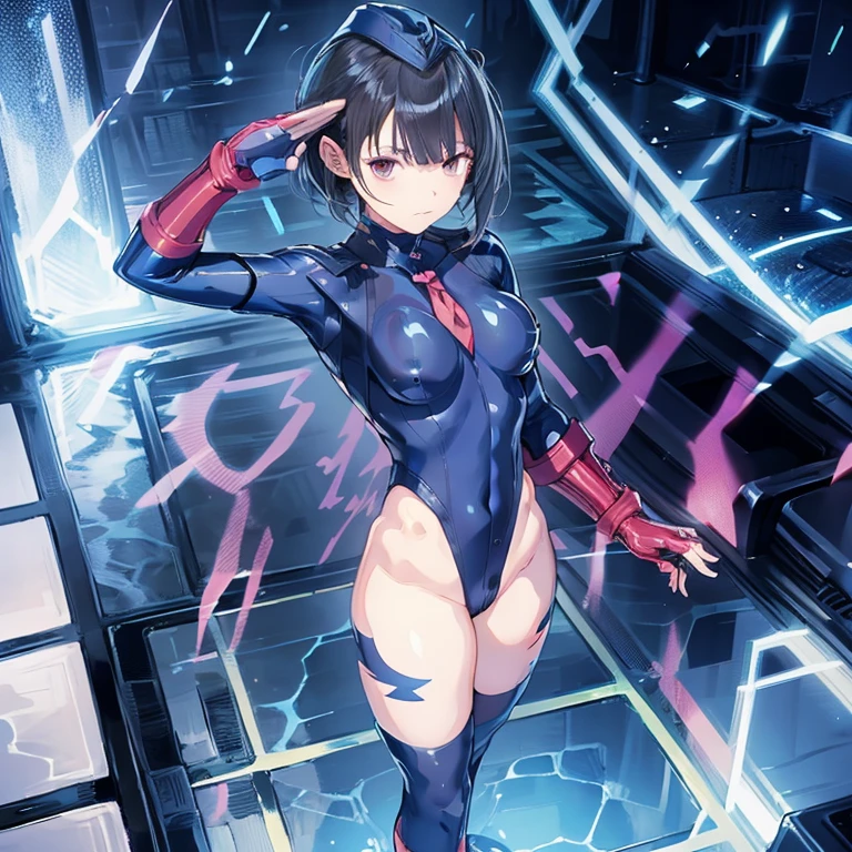 Masterpiece, Best Quality, Highly detailed, illustration, absurdres, street fighter, doll suit, shadaloo doll, nazi saluting, military, military saluting, salute, 1 girl, solo, expressionless, emotionless eyes, looking at viewer, red gloves, emotionless, black latex, corrution, zofa suit, zofa soldier, mind control, female combatant, full body, hypnotized, standing, standing at attention, unhappy trance, full body suit, blue reflection, hinako shirai, black hair, blue eyes, Heterochromia