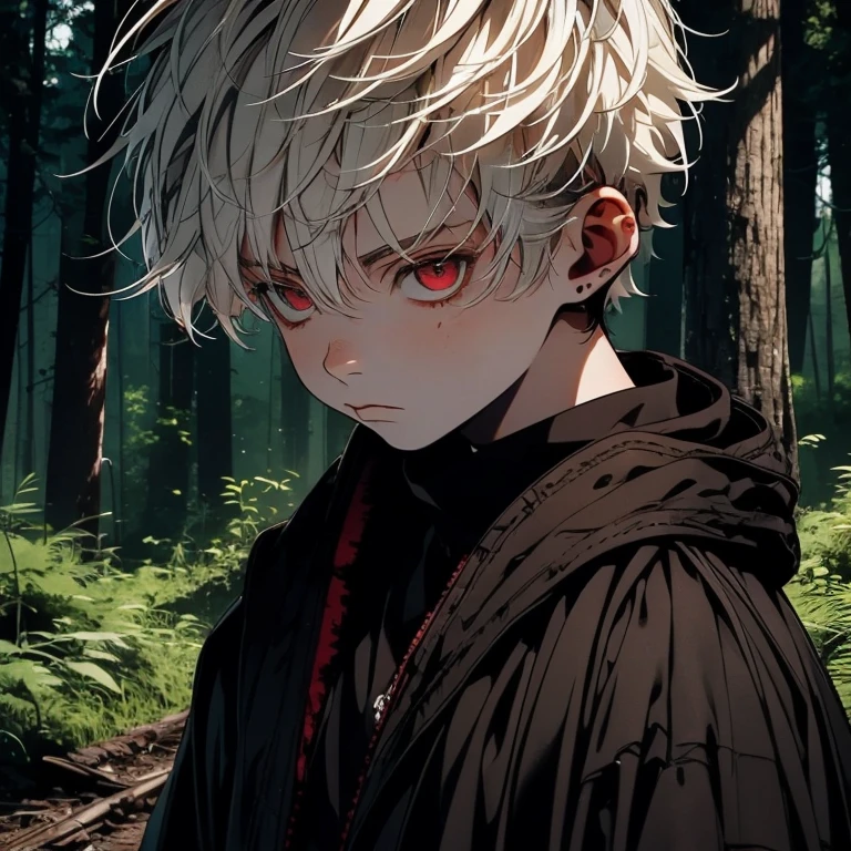 Male, boy, , light brown skin, red eyes, white hair, short messy hairstyle, good posture, perfect anatomy, character sketch, dramatic, wide angle, forest background, dirty and worn out black robes, wounded, high quality,proper shadows and highlights, protagonist, male solo, hero.
