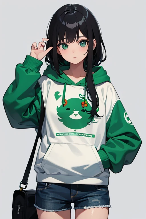 waifu chichona, cabello blanco, ojos verde menta, usando una hoodie color blanco con letras rojas, minifalda.