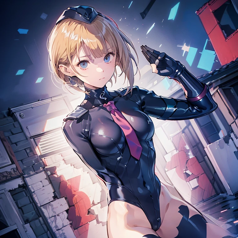 Masterpiece, Best Quality, Highly detailed, illustration, absurdres, street fighter, doll suit, shadaloo doll, nazi saluting, military, military saluting, salute, 1 girl, solo, expressionless, emotionless eyes, looking at viewer, red gloves, emotionless, black latex, corrution, zofa suit, zofa soldier, mind control, female combatant, full body, hypnotized, standing, standing at attention, unhappy trance, full body suit, blue reflection, hinako shirai, blonde hair, blue eyes, Heterochromia, wing
