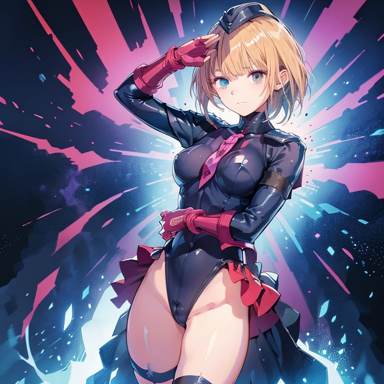 Masterpiece, Best Quality, Highly detailed, illustration, absurdres, street fighter, doll suit, shadaloo doll, nazi saluting, military, military saluting, salute, 1 girl, solo, expressionless, emotionless eyes, looking at viewer, red gloves, emotionless, black latex, corrution, zofa suit, zofa soldier, mind control, female combatant, full body, hypnotized, standing, standing at attention, unhappy trance, full body suit, blue reflection, hinako shirai, blonde hair, blue eyes, Heterochromia, wing