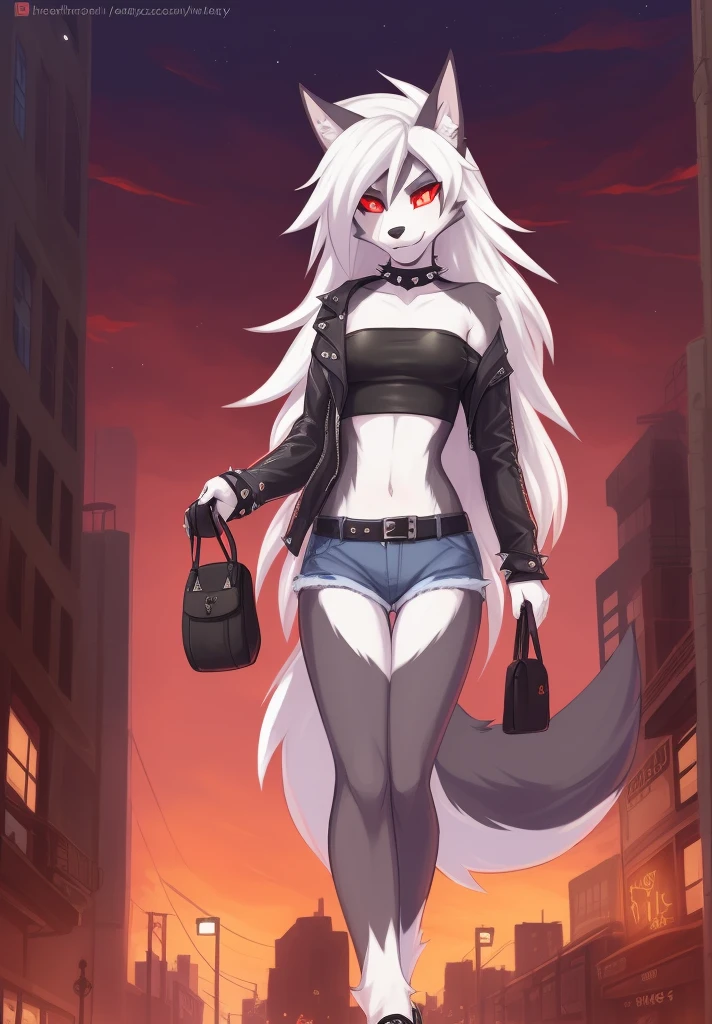 zackary911, by zackary911, anthro, lycanroc, ((hellhound)), ((dark grey fur)), female, solo, 1woman, ((small breasts)), ((denim shorts)), ((leather jacket)), ((tube top)), ((red sclera)), ((white eyes)), wolf tail, ((long hair)), ((white hair))city street scene, courier bag, spellbook, on e621, choker spiked collar, detailed body, finely detailed eyes, finely detailed paws, punk style, female focus, camel toe, ((nipple bump)), (leather belt), ((grey belly fur)), (hair detailed correctly), walking, red sky