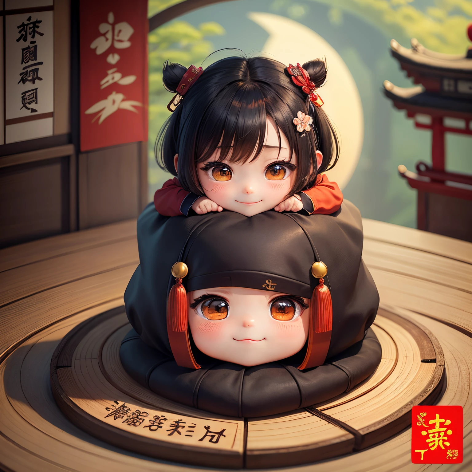 masterpiece、top-quality、ultra-detailliert、(Chibi Chara's Daughter:1.2)、(shodo、Chinese charactersa:1.3)、write in kanji 、(Japanese characters:1.3)、A smile、