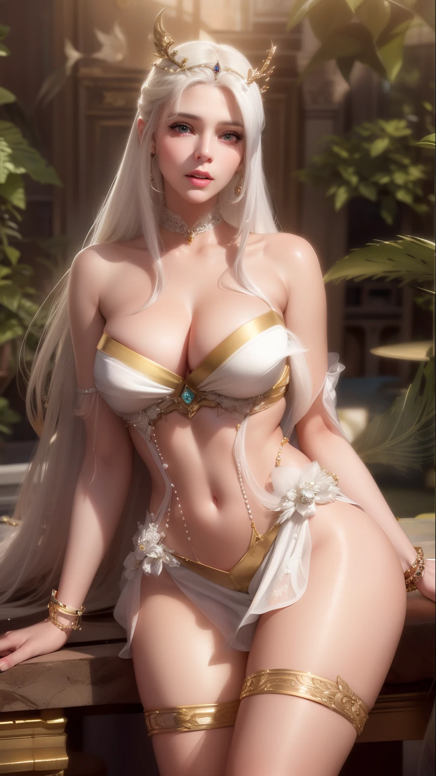 Ultra-realistic 8k CG, perfect face, flawless, clean, professional artwork, famous artwork, cinematic lighting, cinematic bloom, perfect face, beautiful face, beautiful face, beautiful eyes, ((perfect female body, narrow waist)), white hair, red eyes, beautiful queen, royal, divine, divine, goddess, divine, (royal palace), fantasy, dreamlike, unreal, science fiction, huge breasts, beautiful clothing, lace trim, leggings with lace trims, nsfw, breasts out, absurdly long hair, (rich: 1.4), prestige, luxury, jewelry, diamond, gold, pearl, gem, sapphire, ruby, emerald, intricate details, delicate print, sexy, charming, seductive, erotic, charming, charming, hair ornament, necklace, earrings, bracelet, bracelet, bracelet, bracelet,