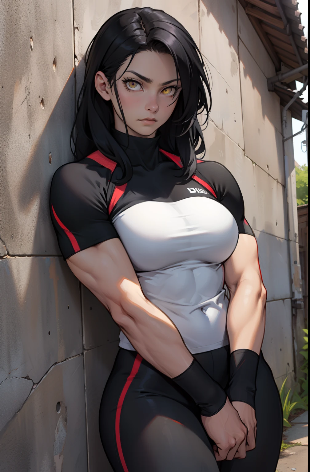 against wall black hair yellow eyes muscular girl expressionless breasts