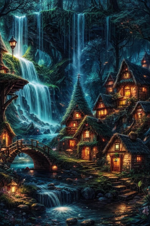 Enchanting fairy village, waterfall, little houses, fantasy place
